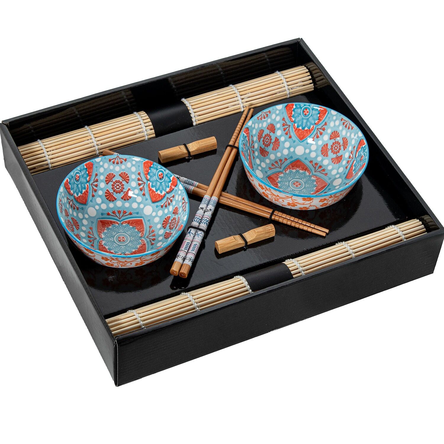 Set aus 2 Porzellanschalen mit Bambus-Essstäbchen und Bambus-Untersetzer. Schale: 12 x 6 cm, Essstäbchen: 23 cm. ST331