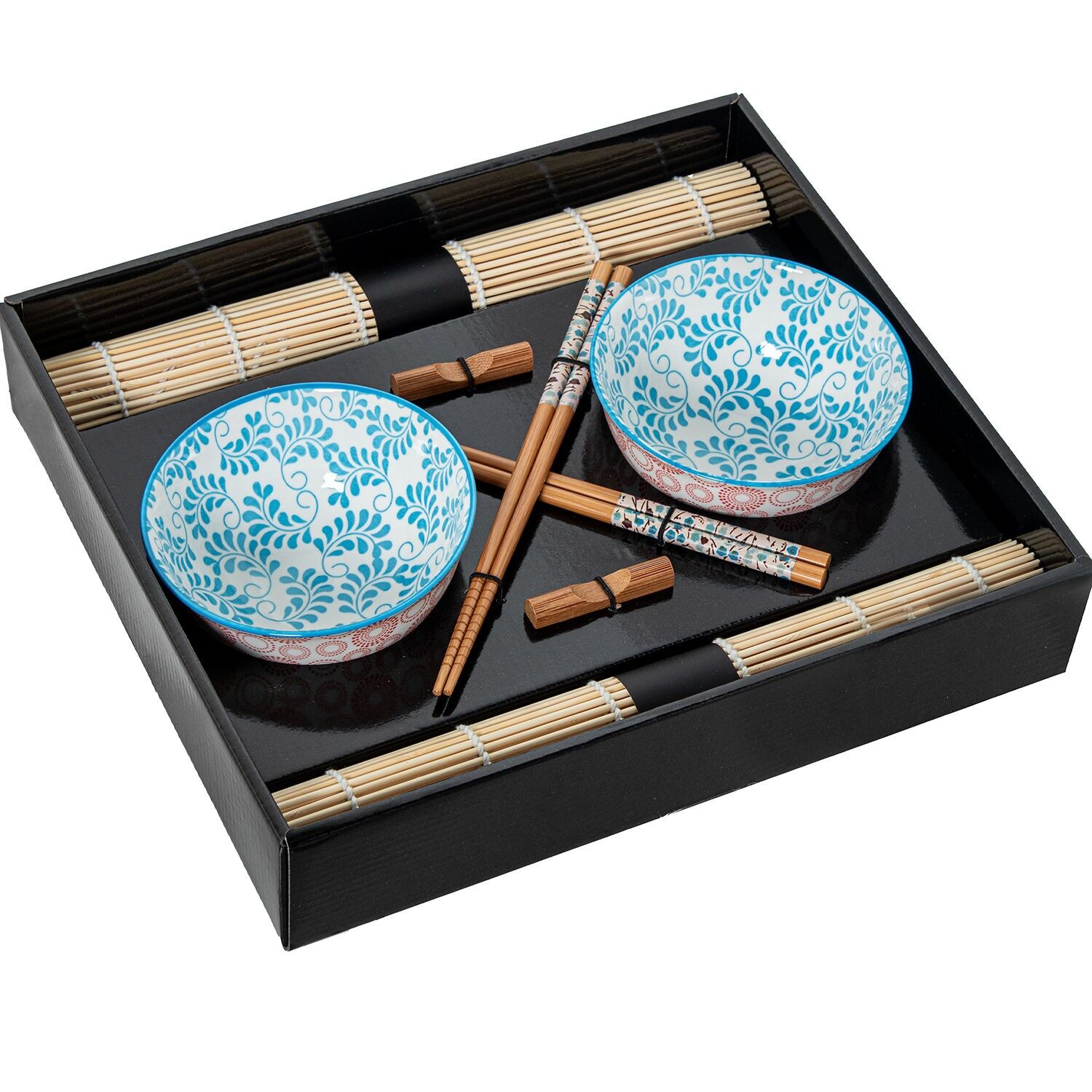 Set aus 2 Porzellanschalen mit Bambus-Essstäbchen und Bambus-Untersetzer. Schale: 12 x 6 cm, Essstäbchen: 23 cm. ST333