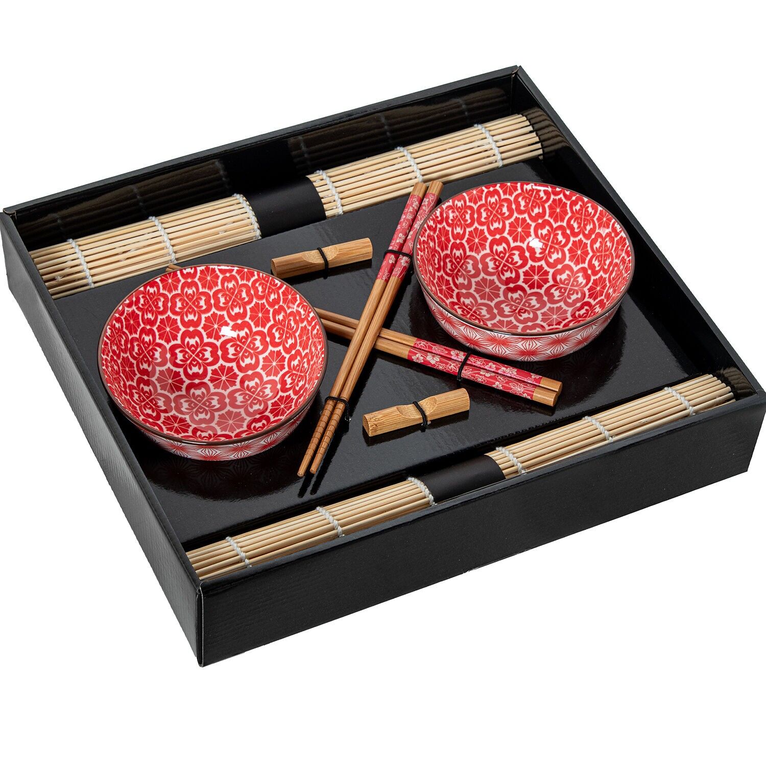 Set aus 2 Porzellanschalen mit Bambus-Essstäbchen und Bambus-Untersetzer. Schale: 12 x 6 cm, Essstäbchen: 23 cm. ST330