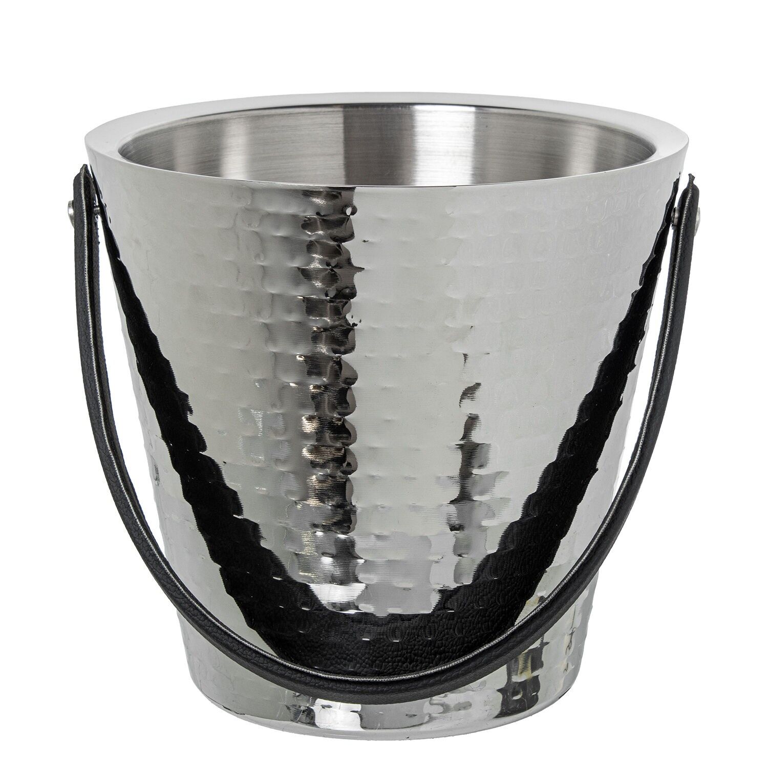 Champagnerkühler aus Edelstahl mit Ledergriff, gehämmert, 23 x 22 cm, Boden: 16 cm ST790