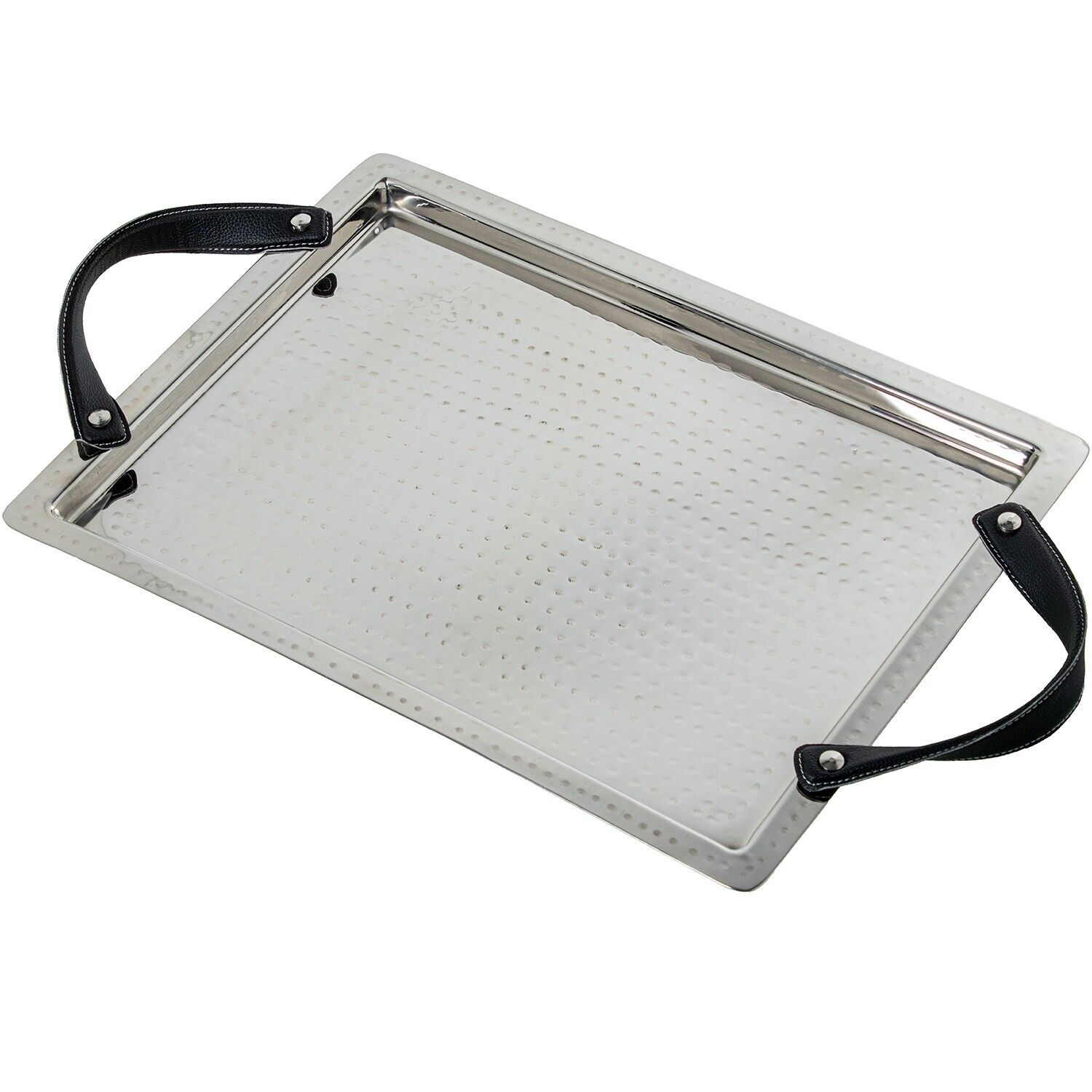 Edelstahltablett mit Ledergriffen, gehämmert, 46 x 34 x 6 cm, Innenmaße: 41 x 29 cm ST792