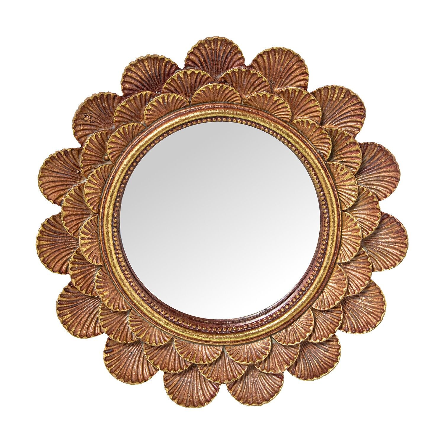 Set aus 2 Spiegeln 22075 – ø 18 cm, Kunstharz, goldene Blume, 18 x 2,5 cm, Innenmaß: 9,5 cm (2 identische Spiegel ST1319)