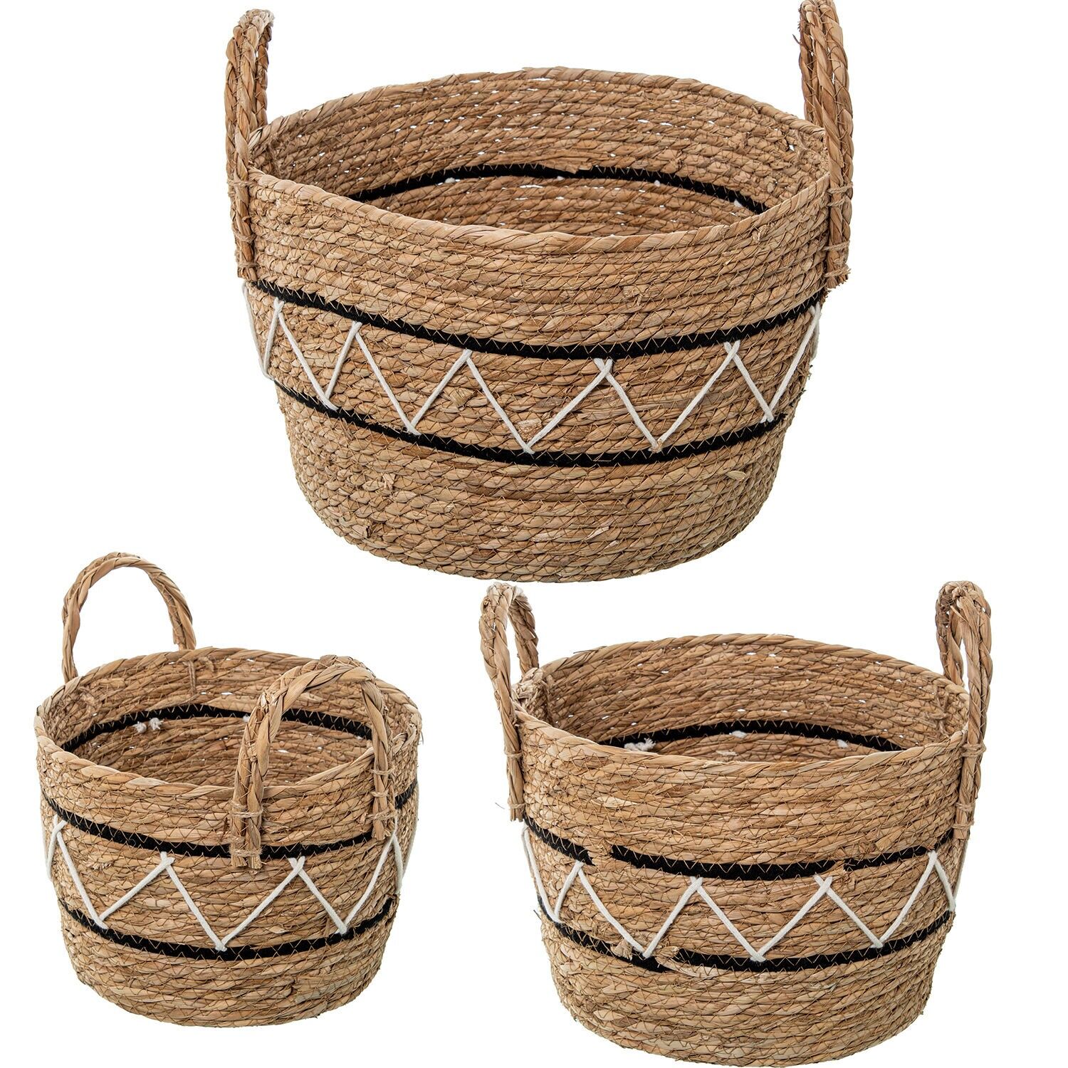 Set aus 3 Körben aus natürlichem Seegras und weißer und schwarzer Baumwolle, 34x25, 29x21 und 26x19 cm ST3843