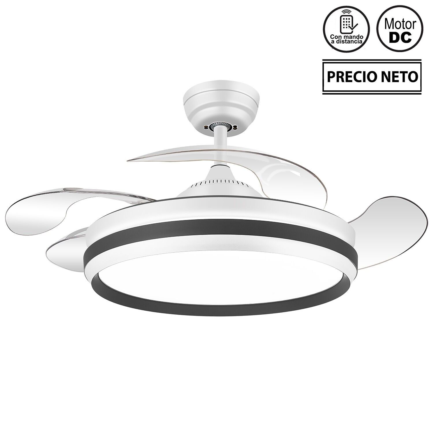 Deckenventilator mit Licht, 4 Flügel, einziehbar, weiß, schwarz, Serene, 107 x 34–49 cm, Lampe: 50 cm, ST4637