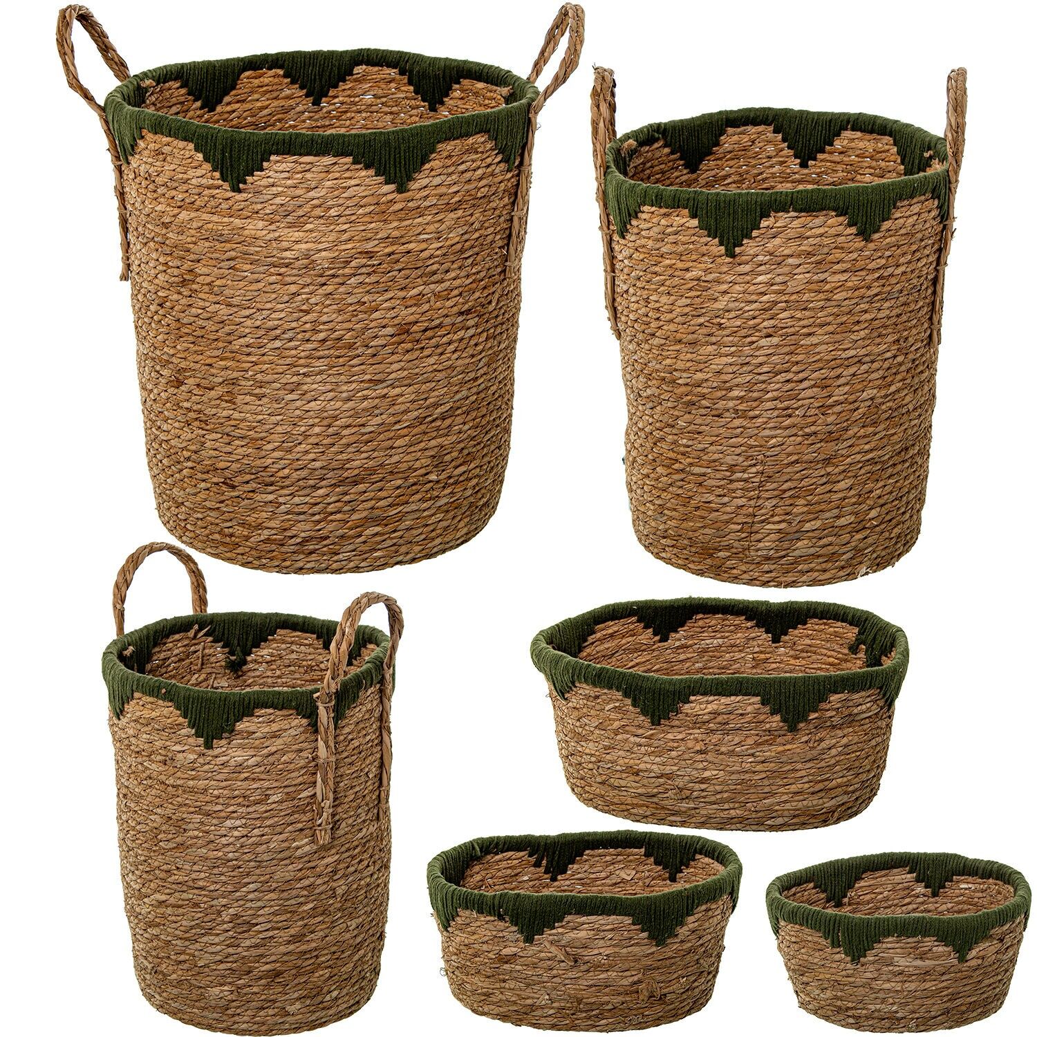 Set mit 6 Körben, aus natürlichem Seegras und grüner Baumwolle, 40x47, 34x42, 28x37 und 34x25x16 ST3846