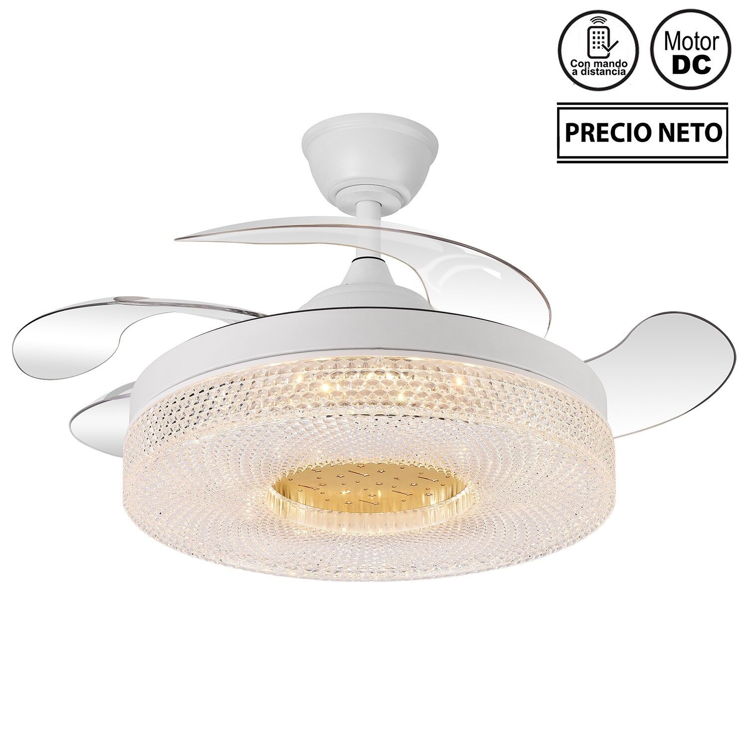 Deckenventilator mit Beleuchtung, 4 einziehbare Flügel, weiß, ätherisch, 107 x 33–48 cm, Lampe: 50 cm, ST4636