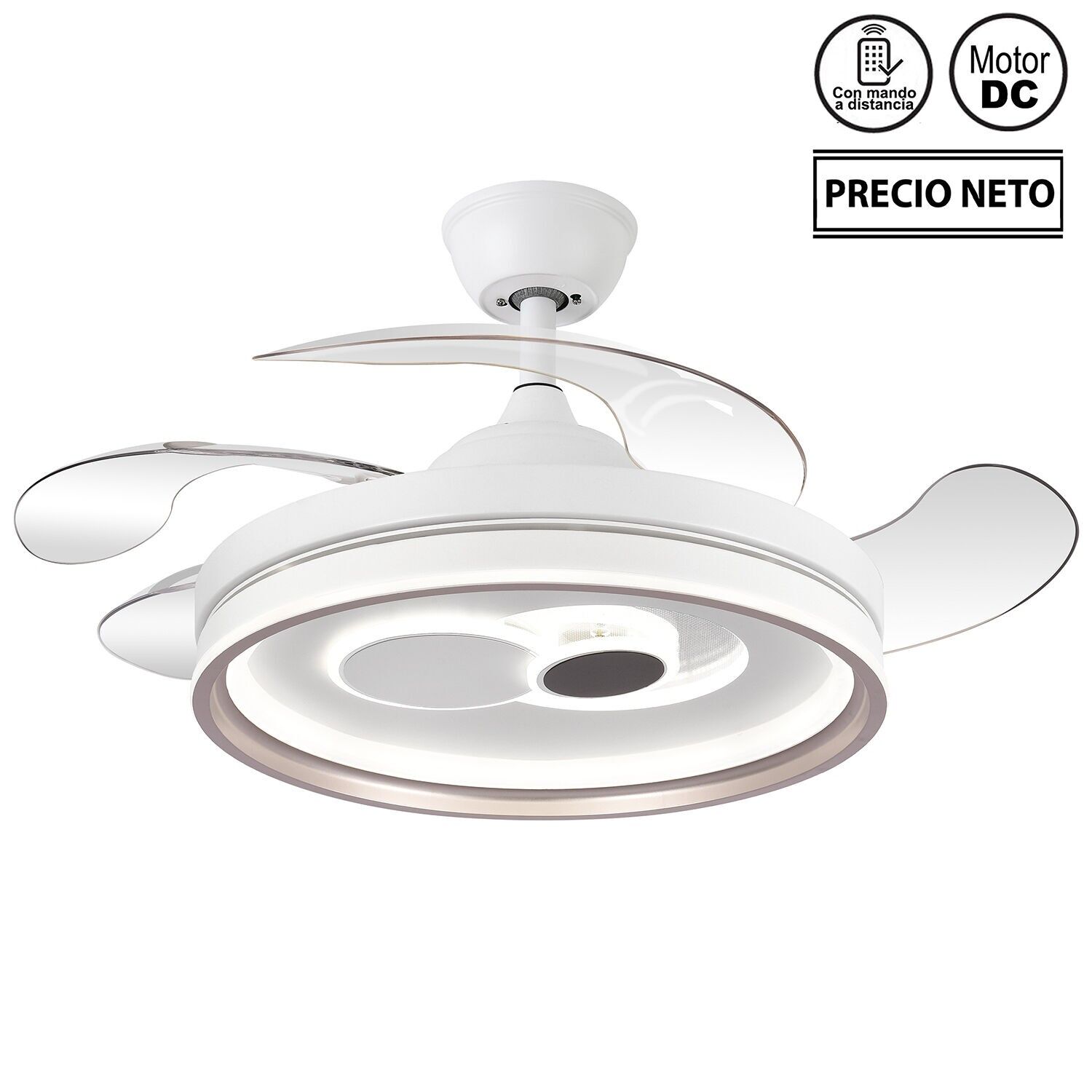 Deckenventilator mit Beleuchtung, 4 einziehbare Flügel, weiß, mystisch, 107 x 34–49 cm, Lampe: 50 cm, ST4641