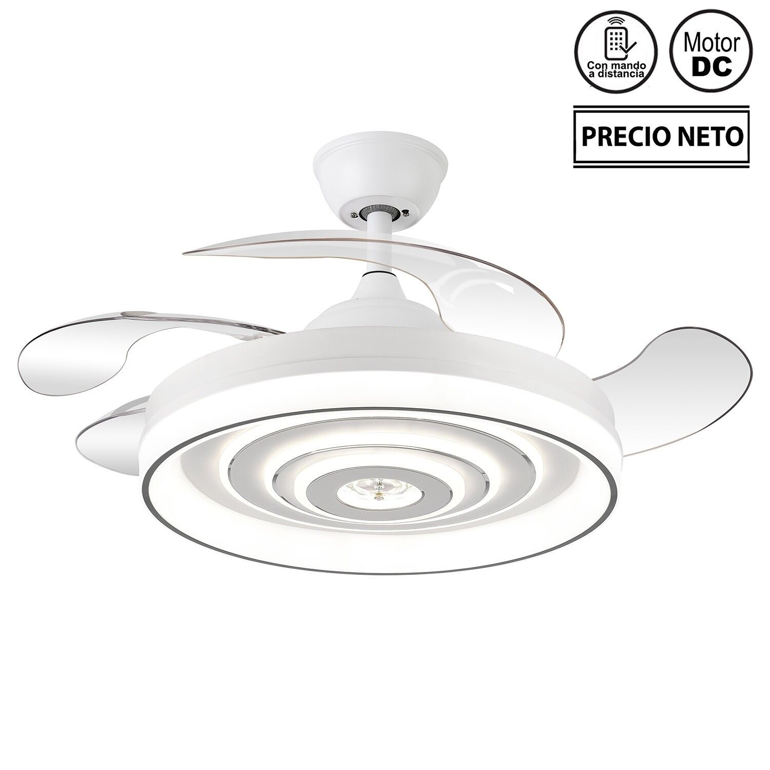 Deckenventilator mit Beleuchtung, 4 einziehbare Flügel, weißes Modell Cascade, 107 x 34–49 cm, Leuchtmittel: 50 cm ST4642