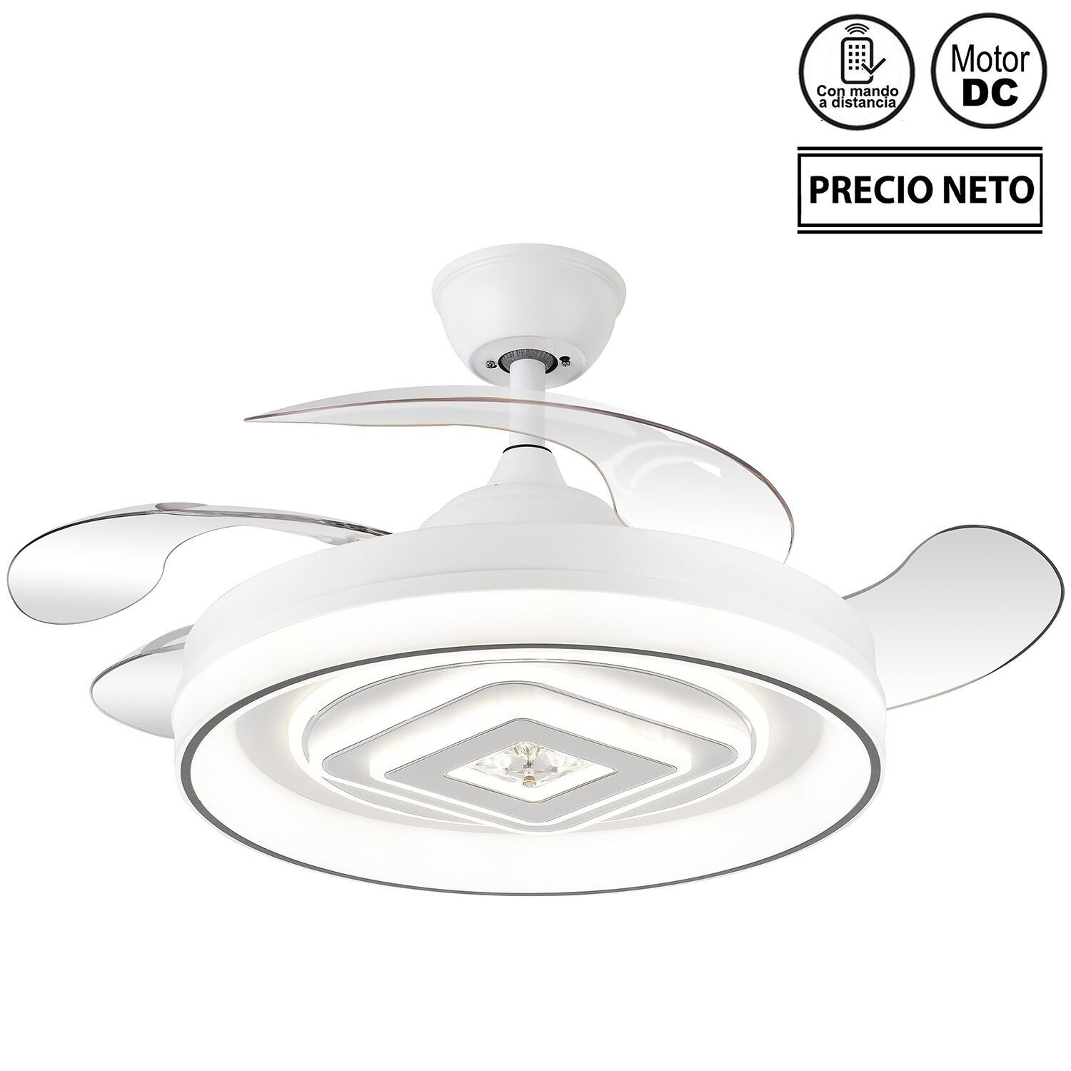 Deckenventilator mit Beleuchtung, 4 einziehbare Flügel, weiß, verzaubert, 107 x 34–49 cm, Lampe: 50 cm, ST4643