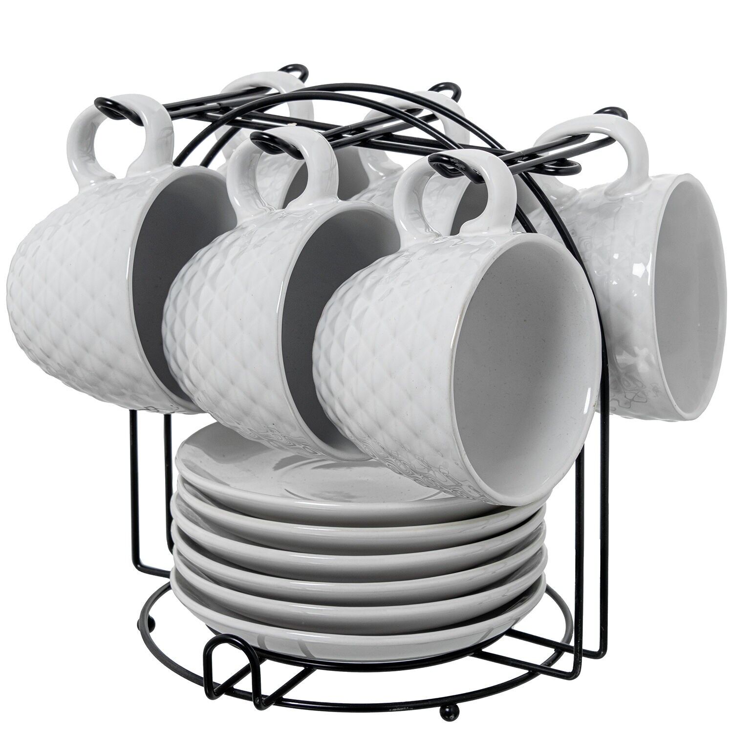 Set aus 6 weißen Keramik-Teetassen mit Untertassen und schwarzem Metallständer. Tasse: 207 ml, 9 x 8 cm, Untertasse: 14 cm (ST8645)