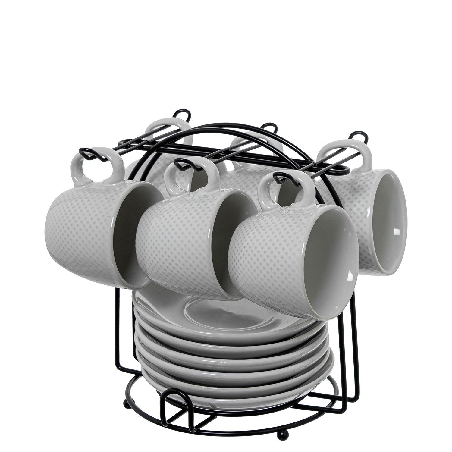 6-teiliges Set aus weißen Keramiktassen und Untertassen mit schwarzem Metallständer. Tasse: 89 ml, 6,5 x 5,5 cm; Untertasse: 12 cm. ST8644