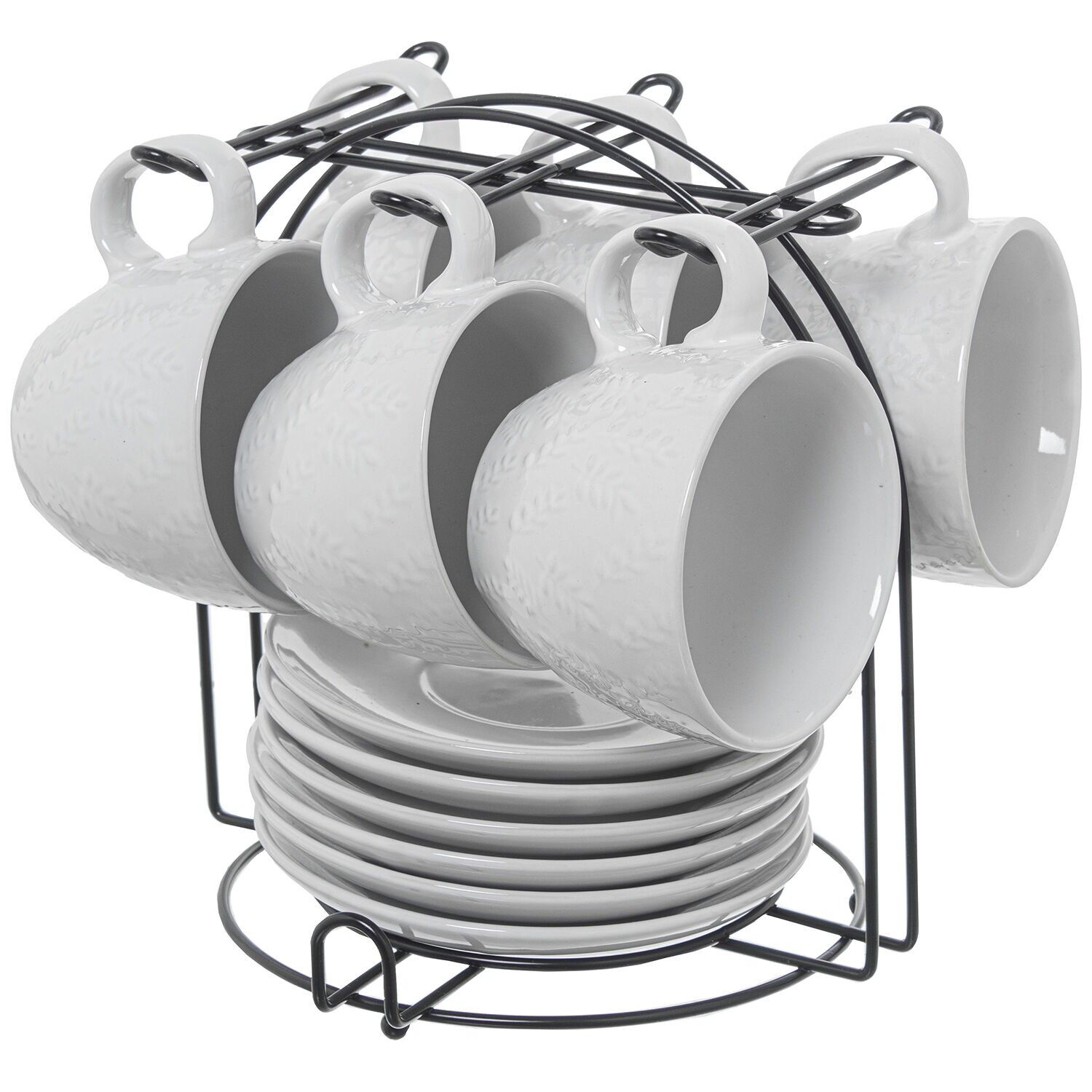 Set aus 6 weißen Keramik-Teetassen mit Untertassen und schwarzem Metallständer. Tasse: 207 ml, 9 x 8 cm, Untertasse: 14 cm (ST8647)