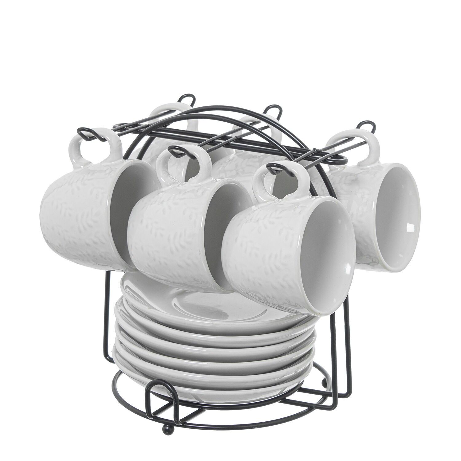 6-teiliges Set aus weißen Keramiktassen und Untertassen mit schwarzem Metallständer. Tasse: 89 ml, 6,5 x 5,5 cm; Untertasse: 12 cm. ST8648