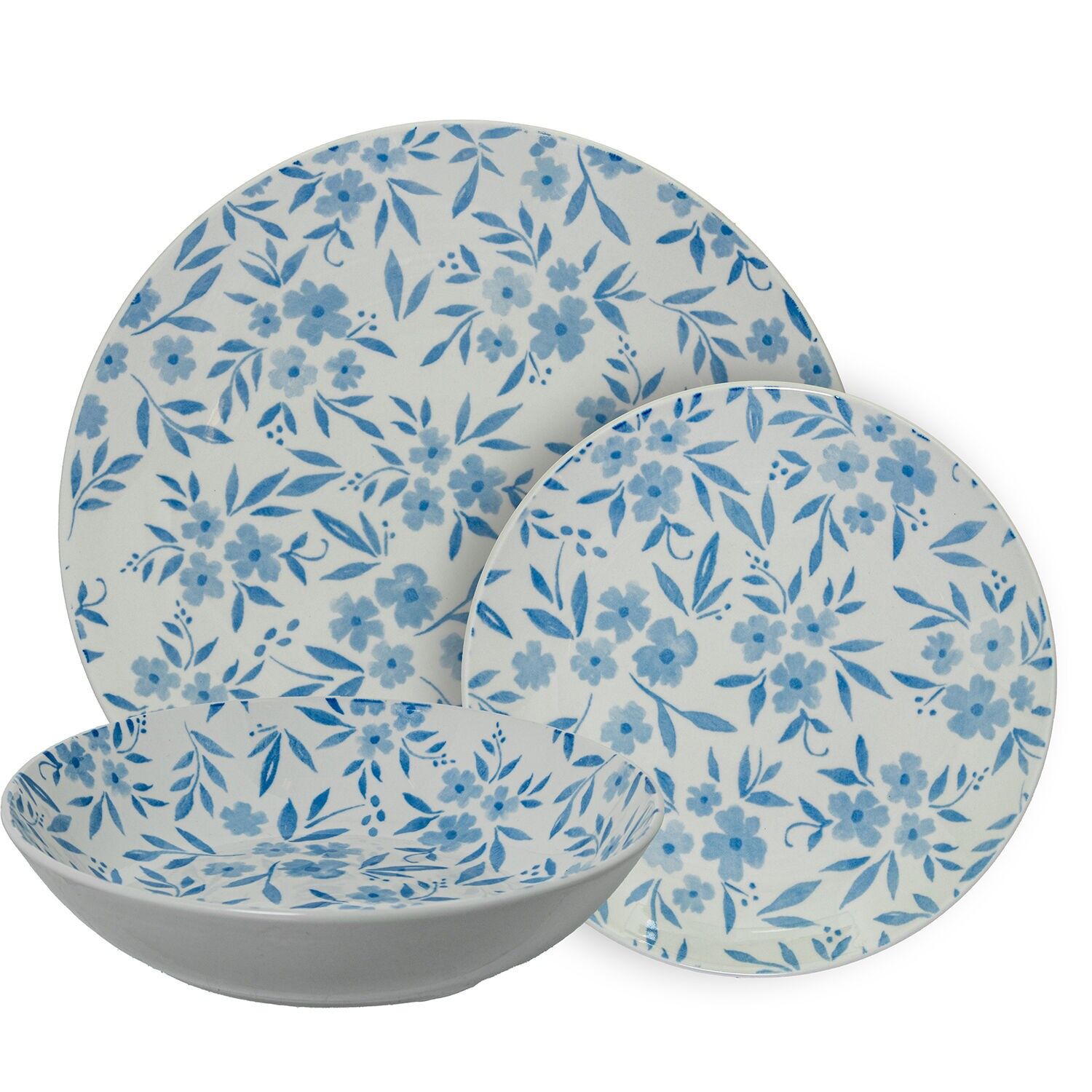 18-teiliges Porzellan-Essgeschirr-Set, weiß mit blauen Blumen, 6x26cm, 6x20cm und 6x19cm ST7272