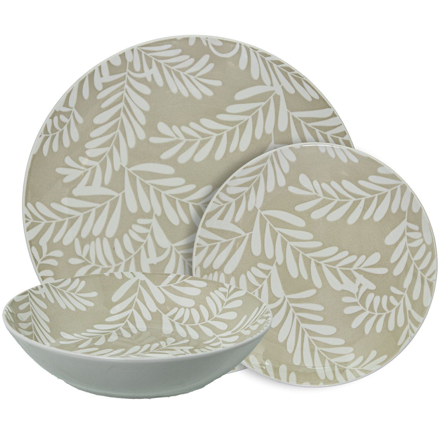 18-teiliges beigefarbenes Porzellan-Geschirrset mit weißen Blättern, 6x26cm, 6x20cm und 6x19cm ST7267