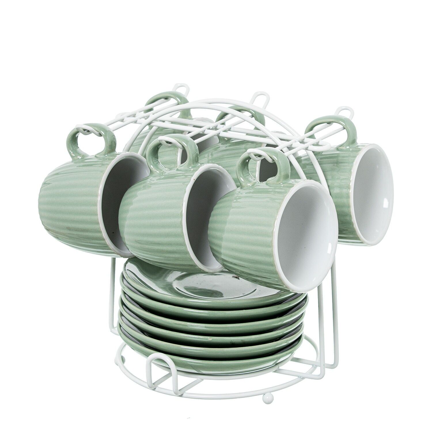 Set 6 tazas cafe con plato ceramica verde menta con soporte meta taza:89ml 6, 5x5, 5cm plato:12 ST8650