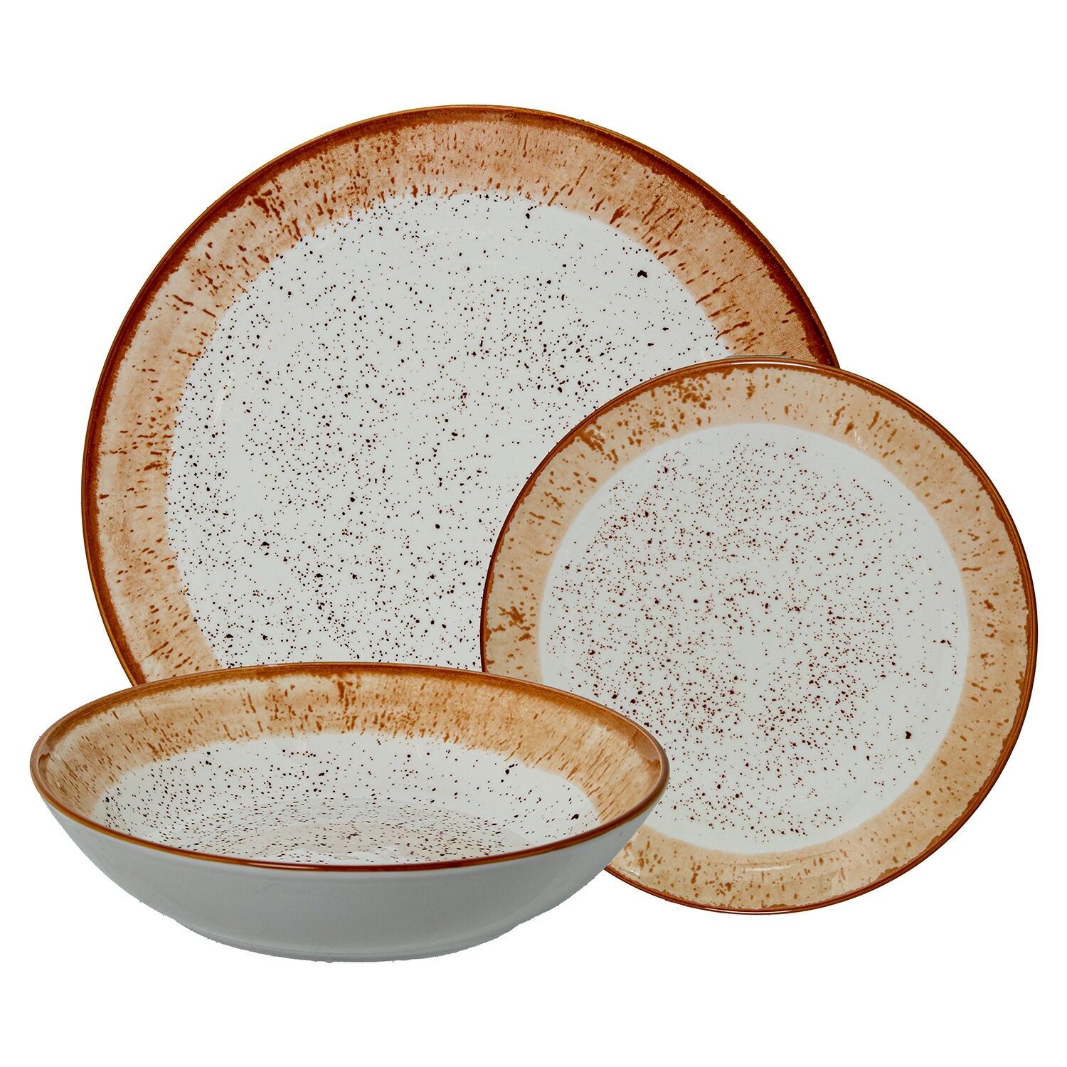 18-teiliges Porzellan-Essgeschirr-Set mit gesprenkelter Dekoration und braunem Rand, 6x26cm, 6x20cm und 6x19cm ST7281