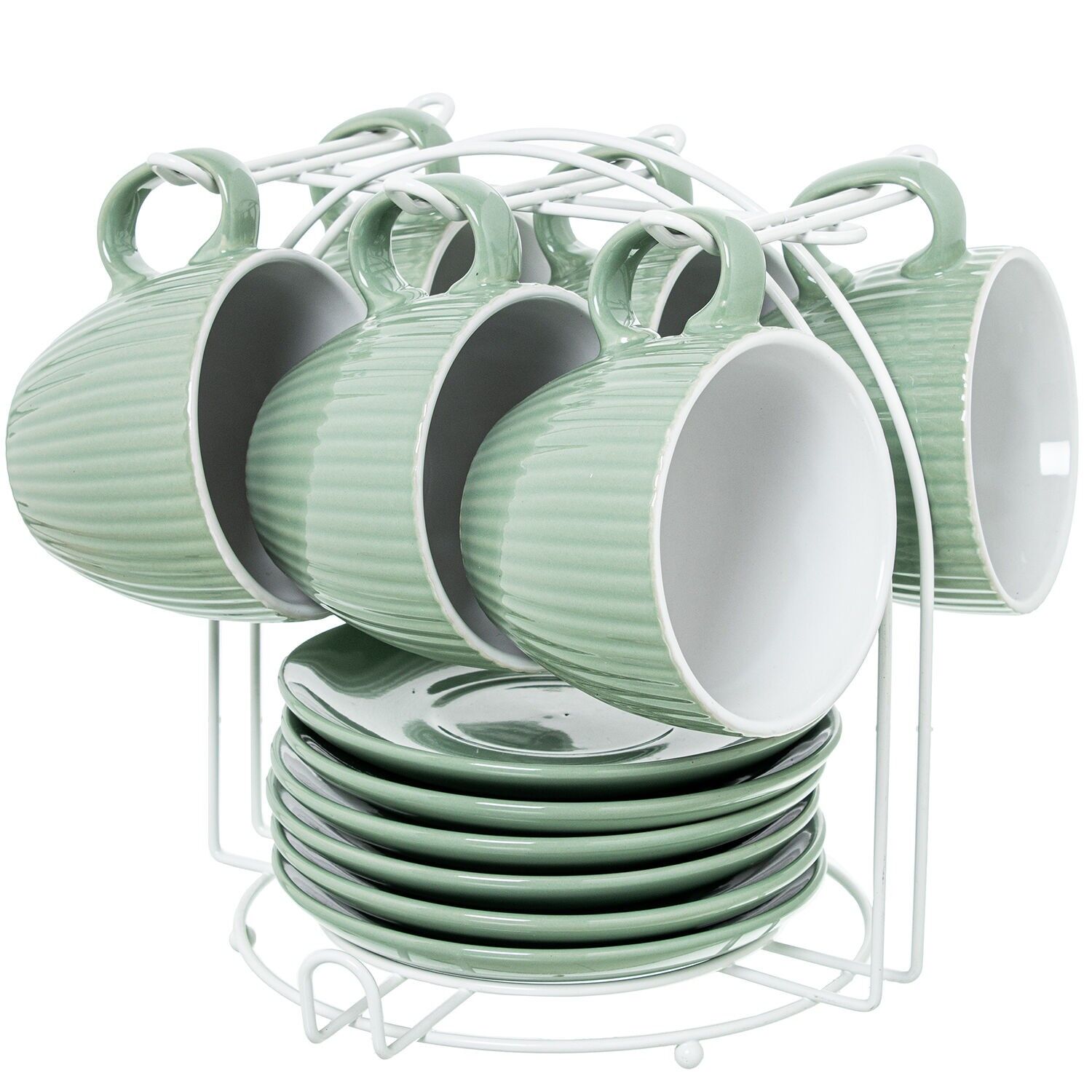 6-teiliges Teeservice mit Untertassen, mintgrüne Keramik mit Metallständer. Tasse: 207 ml, 9 x 8 cm, Untertasse: 14 cm (ST8649)