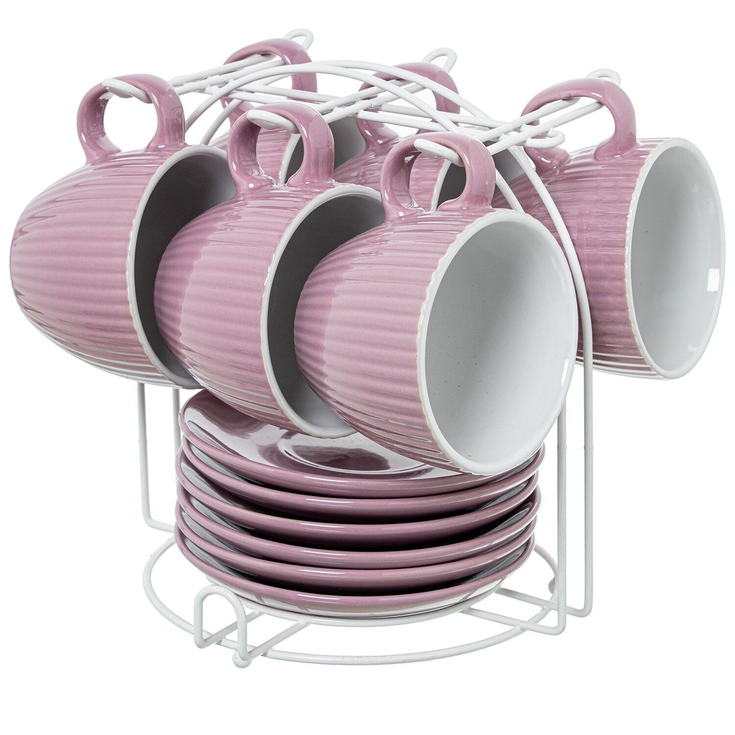 6-teiliges Teeservice mit Untertassen, hellrosa Keramik, mit Metallständer. Tasse: 207 ml, 9 x 8 cm, Untertasse: 14 cm, ST8651