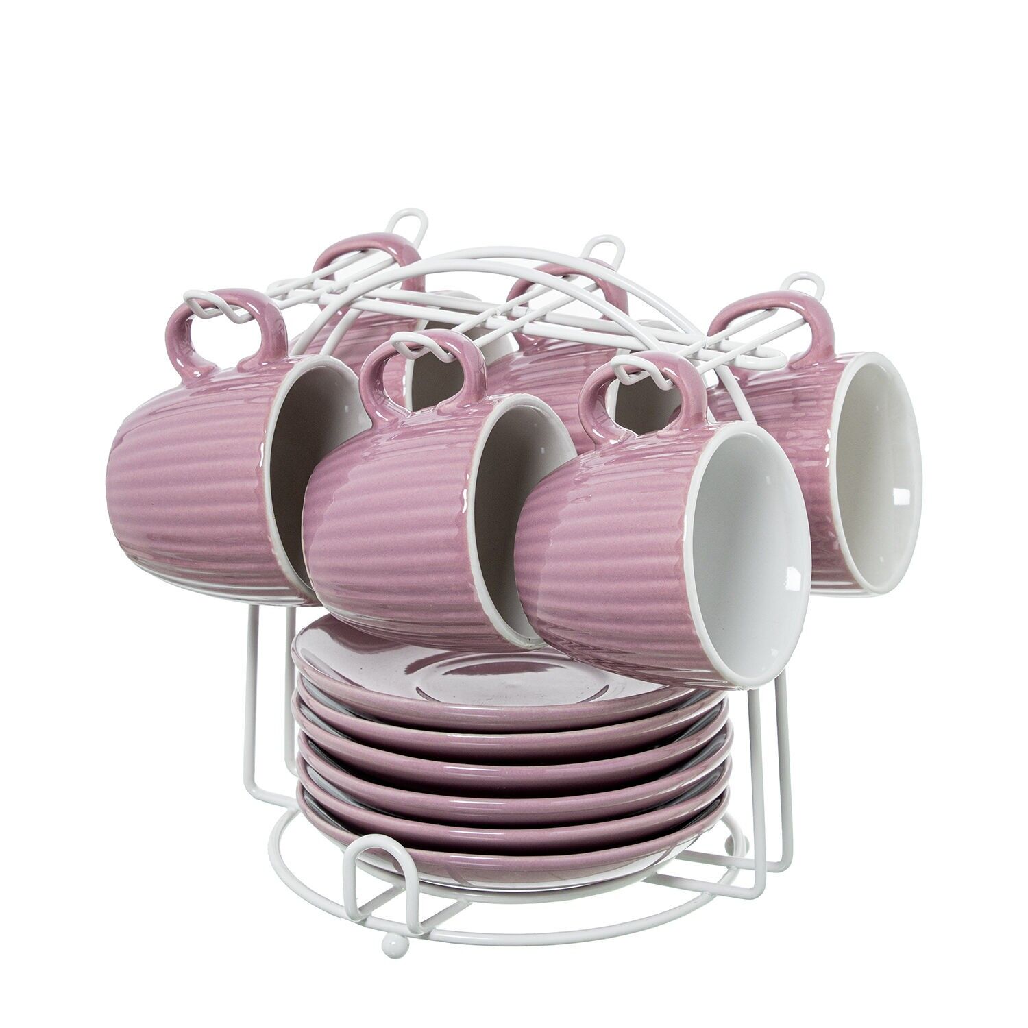 6-teiliges Kaffeetassen-Set mit Untertassen, hellrosa Keramik mit Metallständer. Tasse: 89 ml, 6,5 x 5,5 cm; Untertasse: 12 cm. ST8652