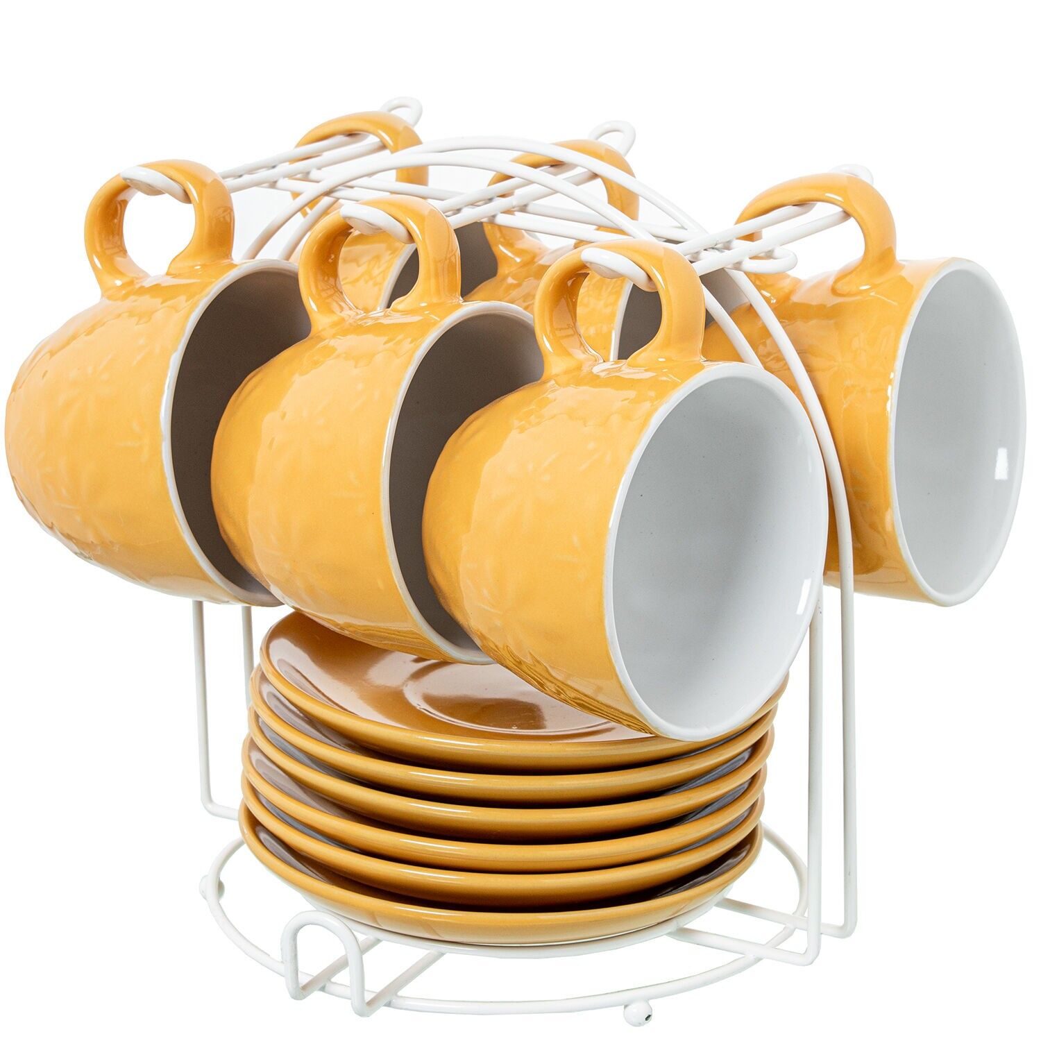 6-teiliges Set gelber Keramik-Teetassen mit Untertassen und Metallständer. Tasse: 207 ml, 9 x 8 cm; Untertasse: 14 cm. ST8653