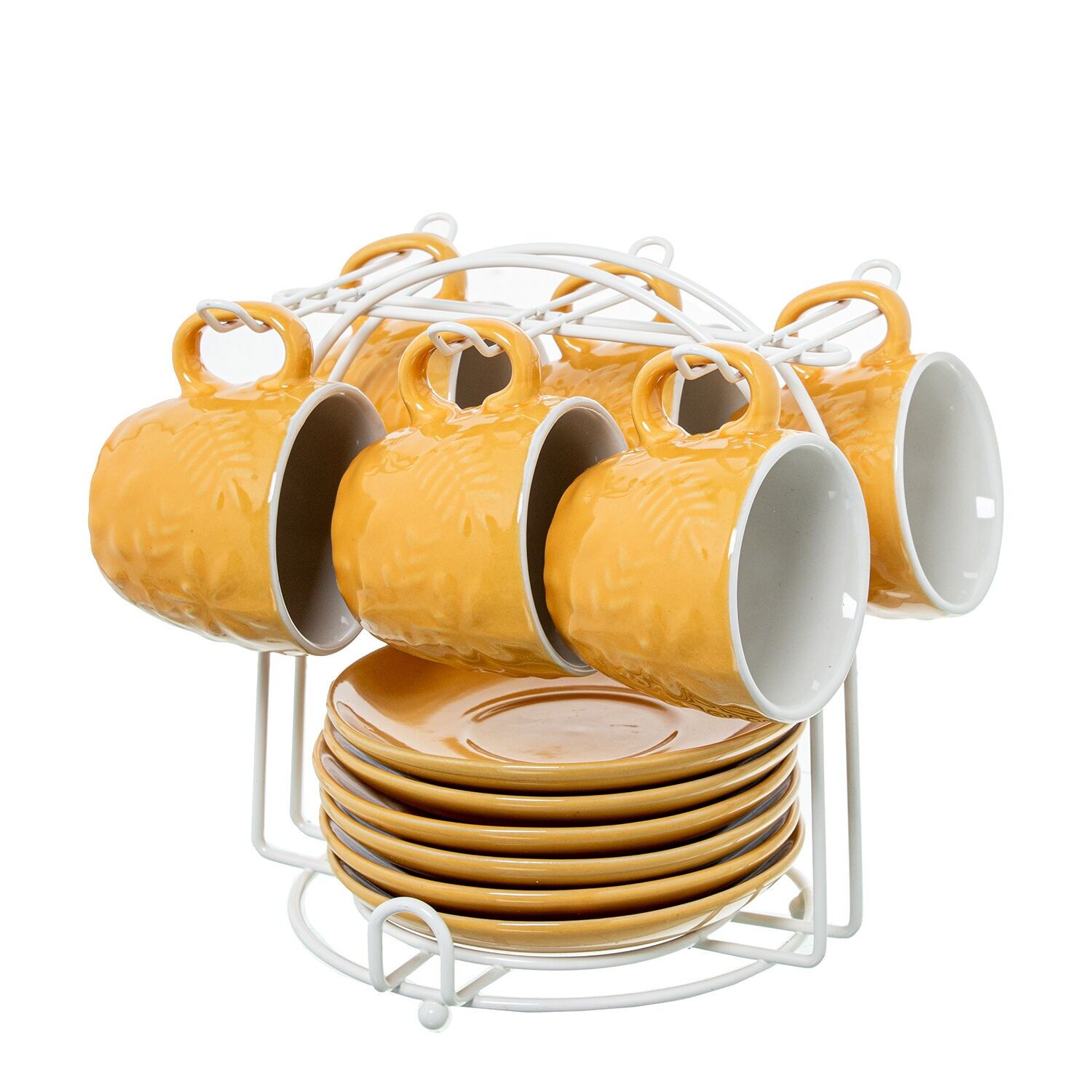 6-teiliges Kaffeetassen-Set mit Untertassen, gelbe Keramik mit Metallständer. Tasse: 89 ml, 6,5 x 5,5 cm; Untertasse: 12 cm. ST8654