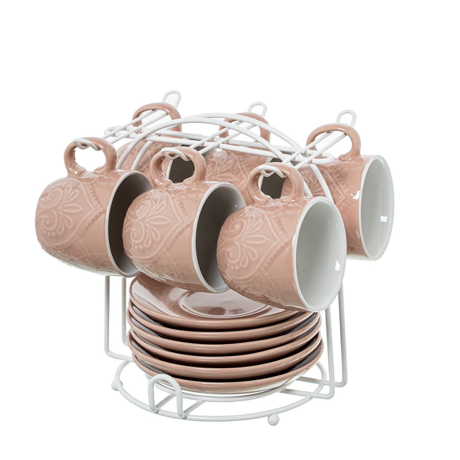 Set 6 tazas cafe con plato ceramica color rosa con soporte metal taza:89ml 6, 5x5, 5cm plato:12 ST8656