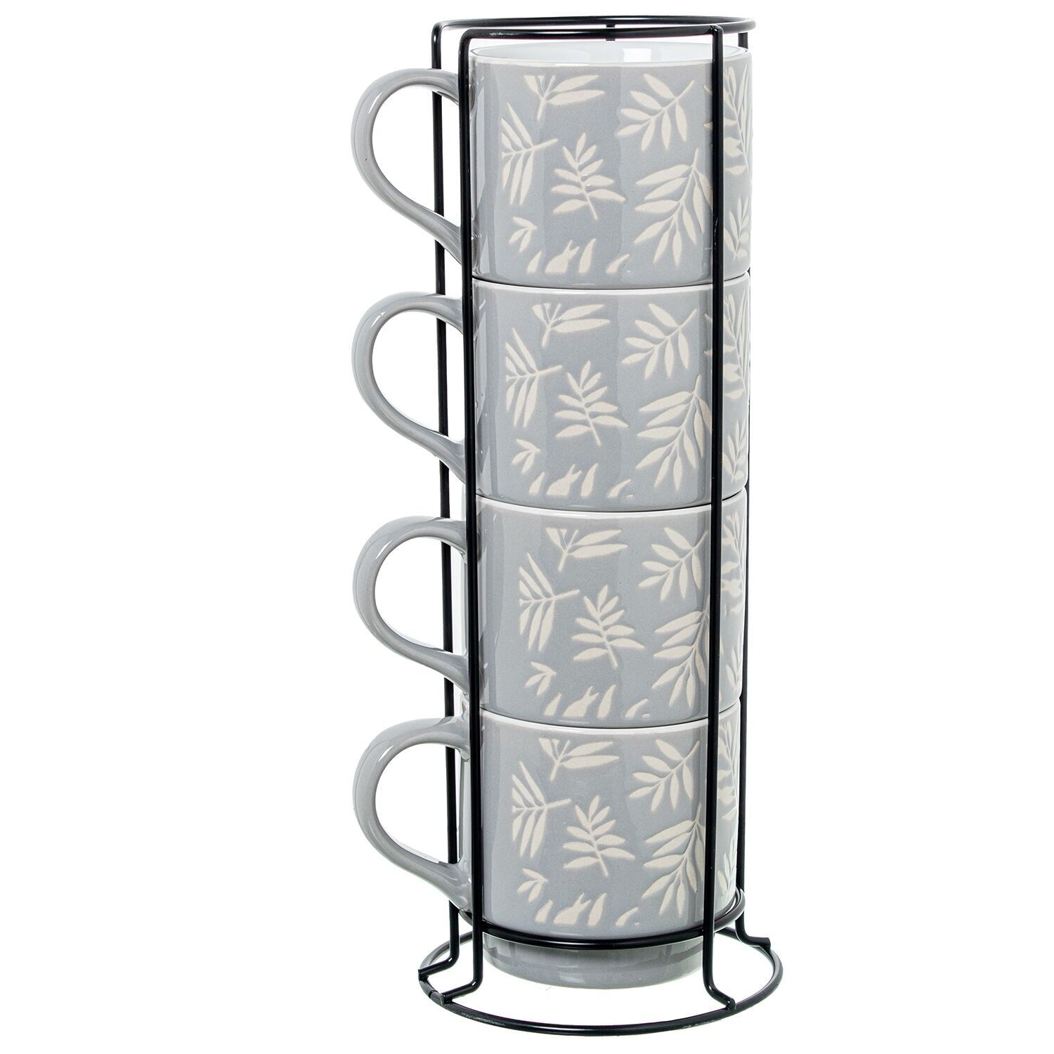 Set aus 4 Keramiktassen mit blauen Glimmerblättern und schwarzem Metallständer. Tasse: 355 ml, 9 x 9 cm, ST8658