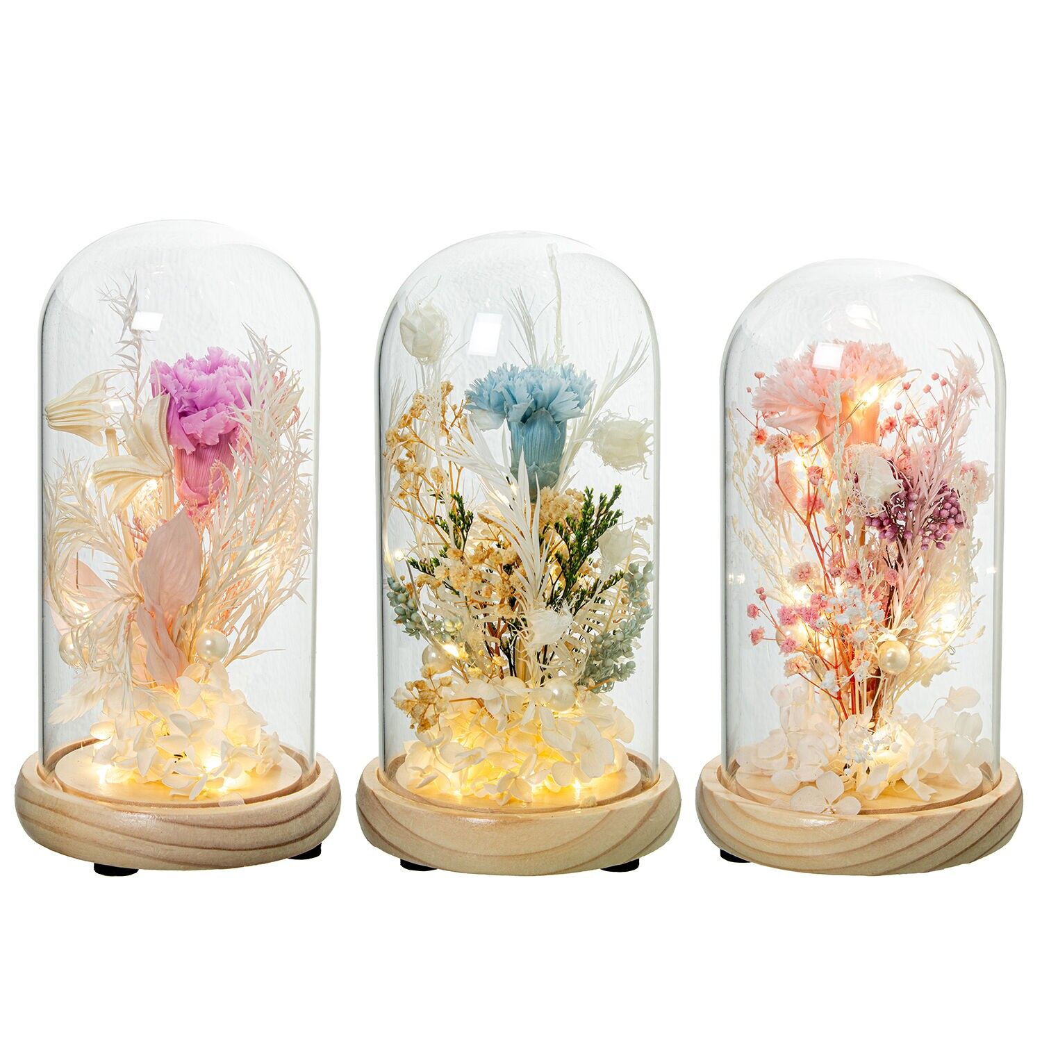 Glasurne mit Holzsockel und künstlichen Blumen mit Beleuchtung, sortiert, 12 x 22 cm, Batterien: 3 x AAA (nicht enthalten) ST10673