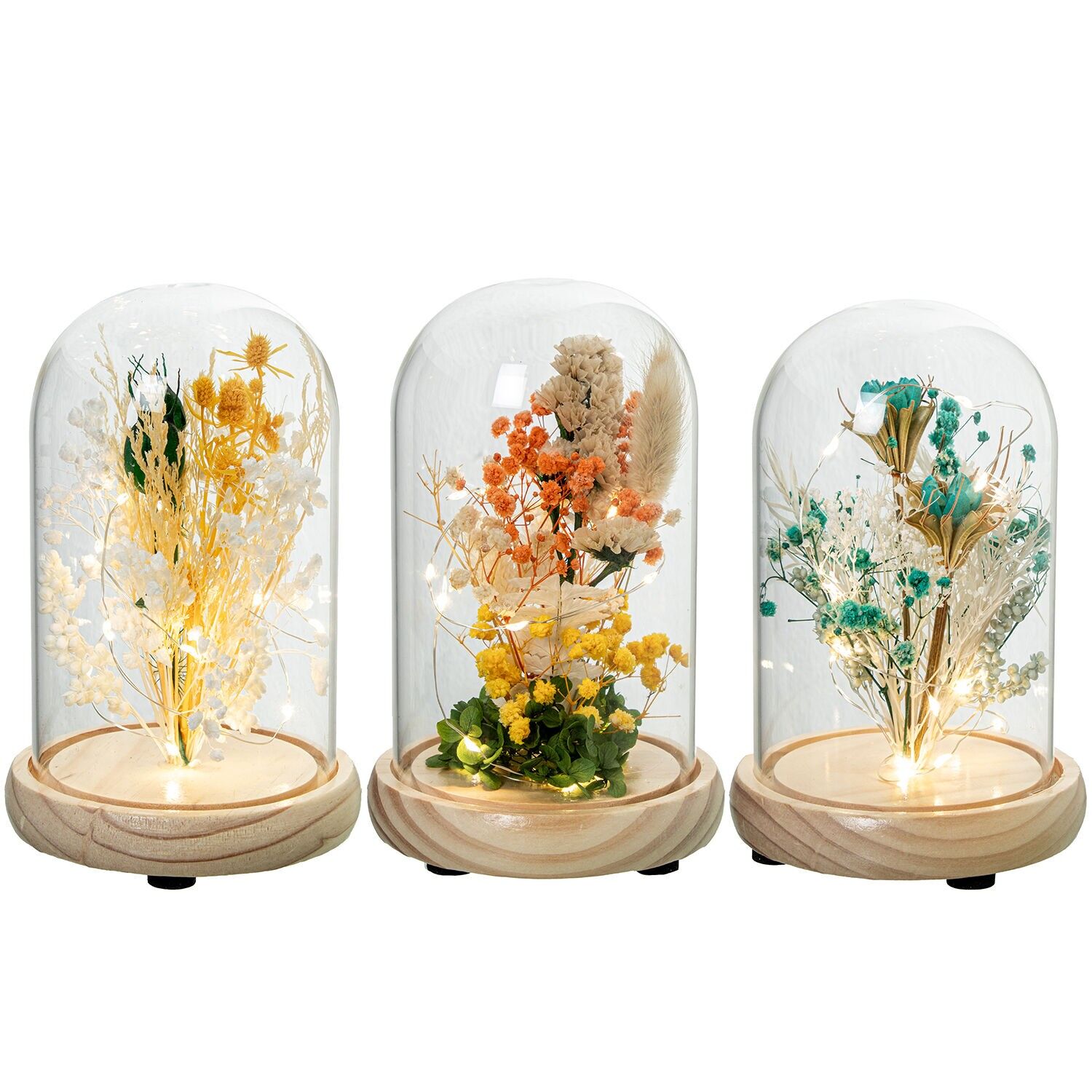 Urna cristal con base madera y flores artificiales con luz surt 12x17, 5cm pilas:3xaaa no inc ST10676