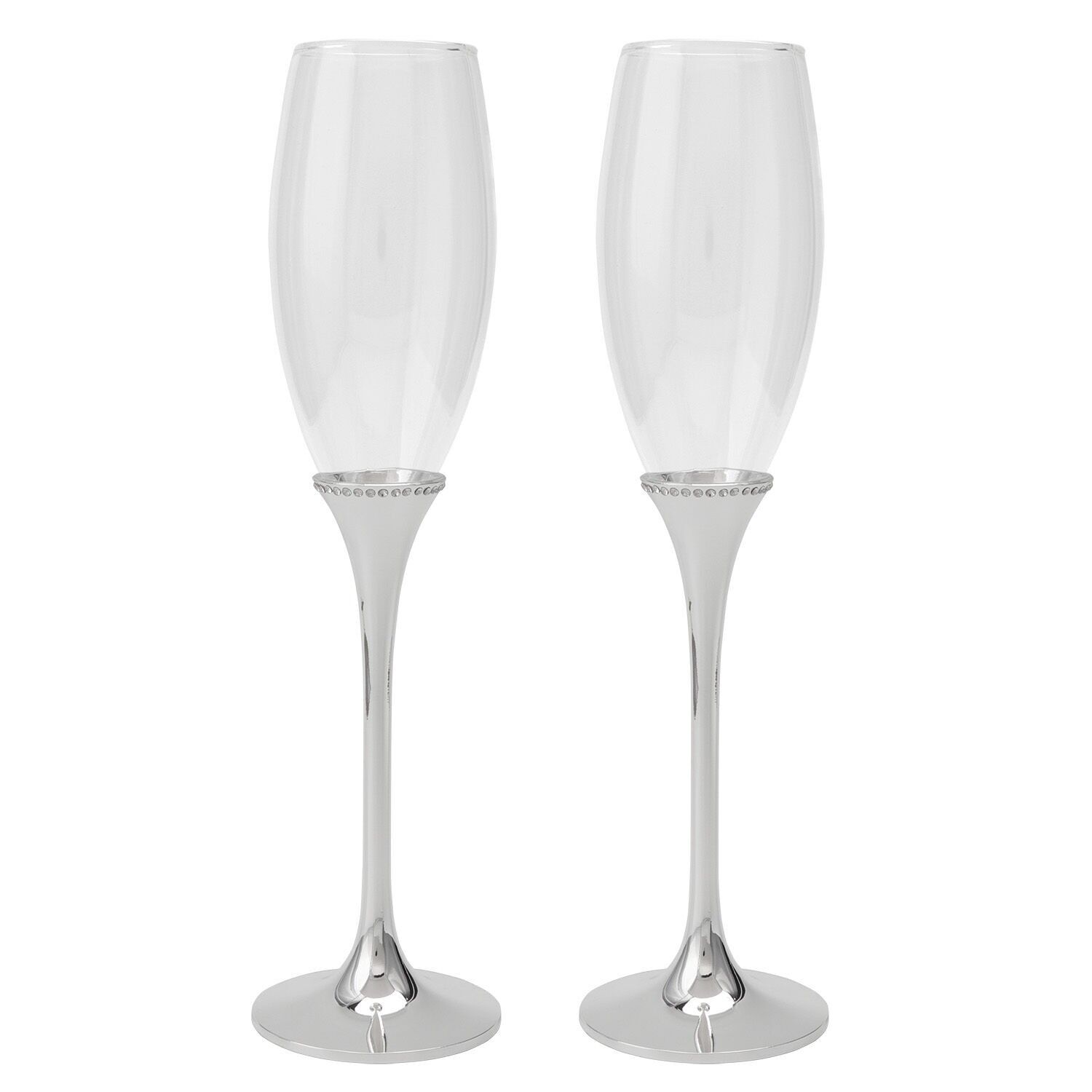 Set aus 2 Champagnerflöten mit silberfarbenem Metallstiel und Kristallen 7x26,5cm ST16222