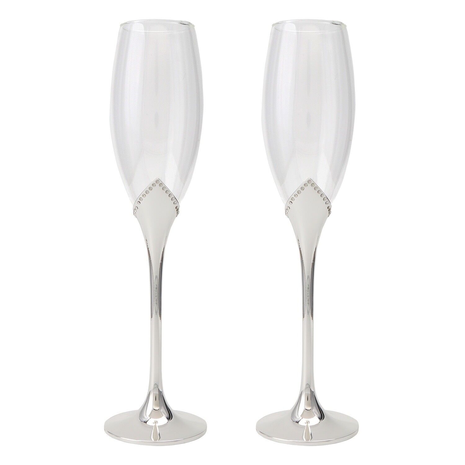 Set aus 2 Champagnerflöten mit silberfarbenem Metallstiel und Kristallen 7x26,5cm ST16223