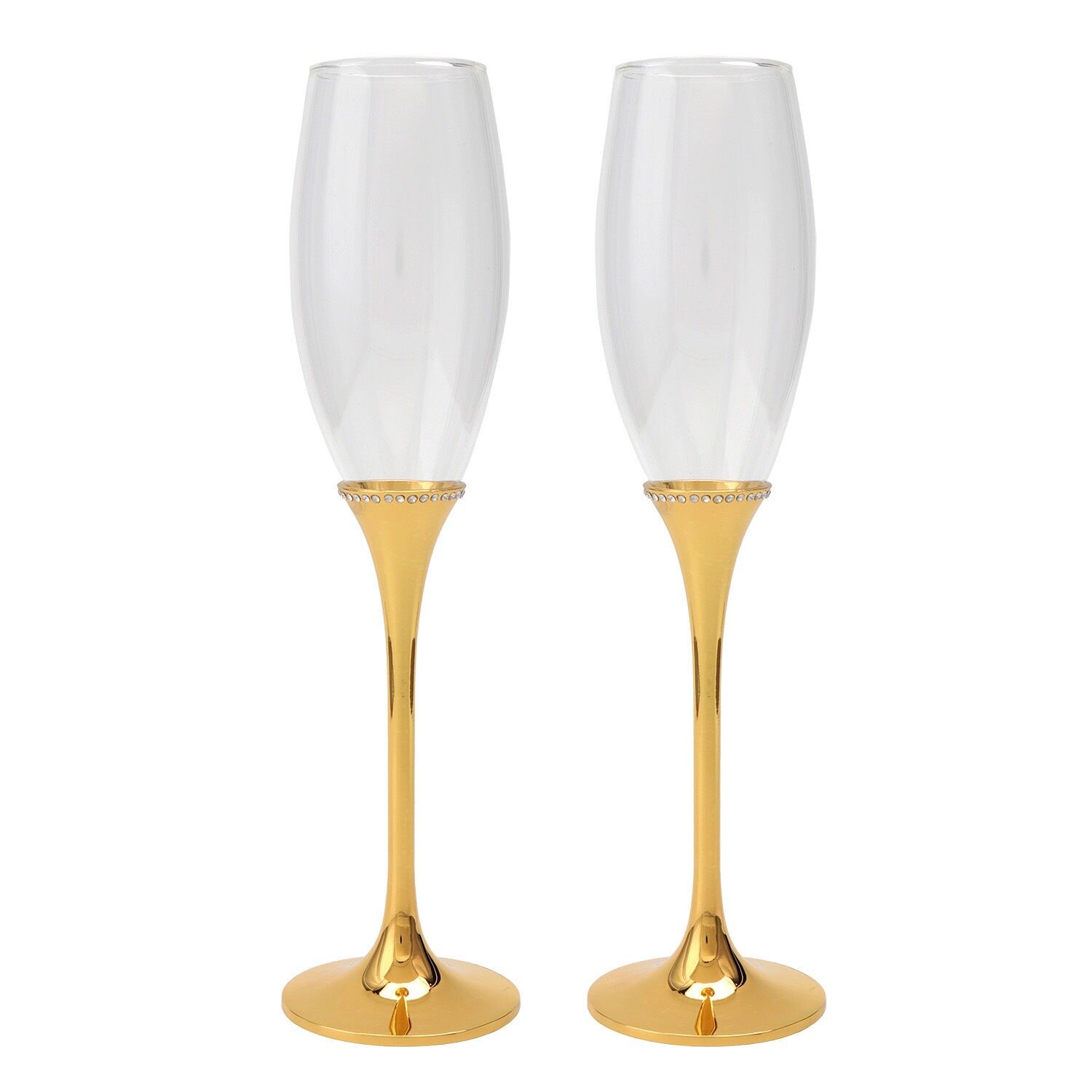 Set aus 2 Champagnerflöten mit goldfarbenem Metallstiel und Kristallen 7x26,5cm ST16221