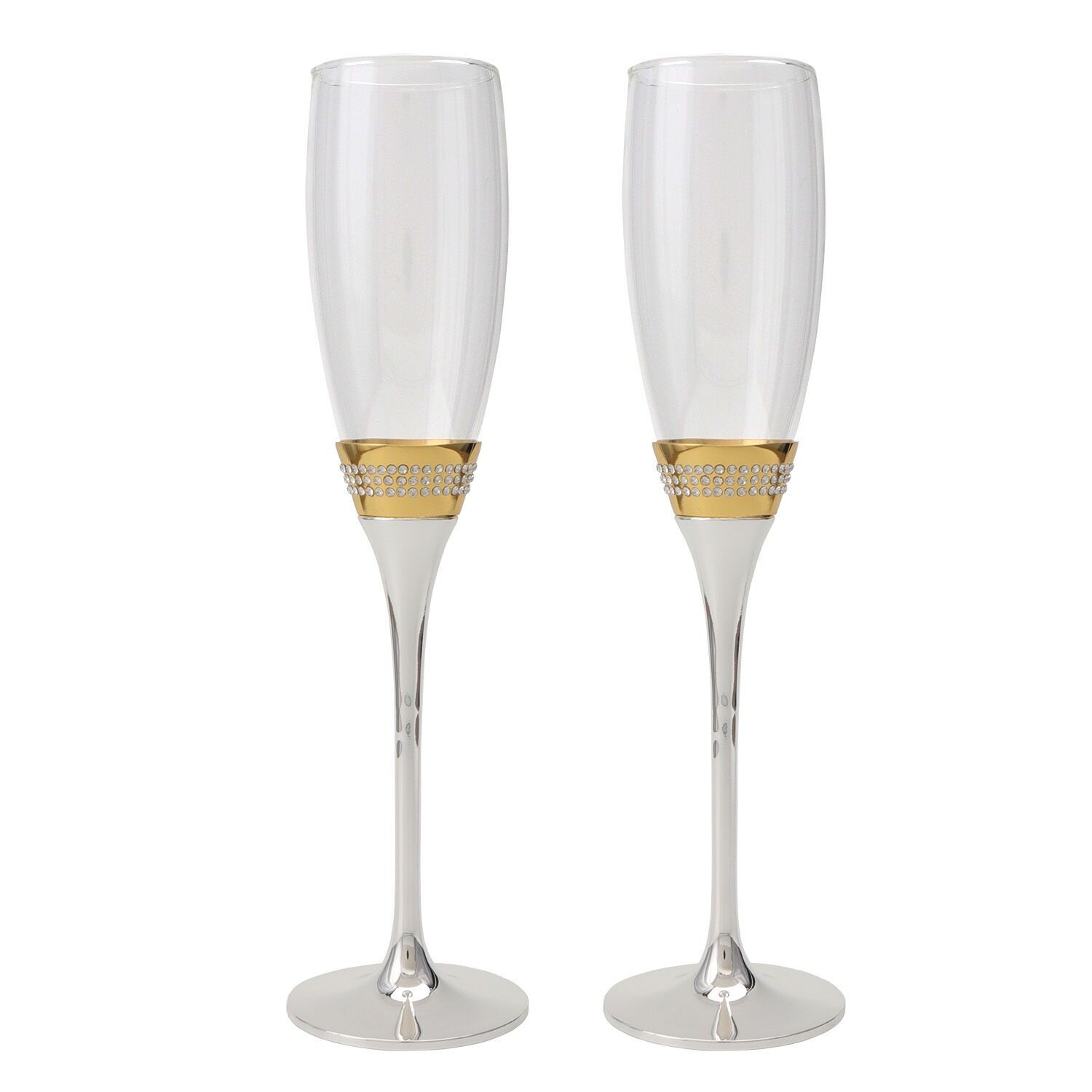 Set 2 copas cava con pie metal plata, oro y cristales 7x26, 5cm ST16224