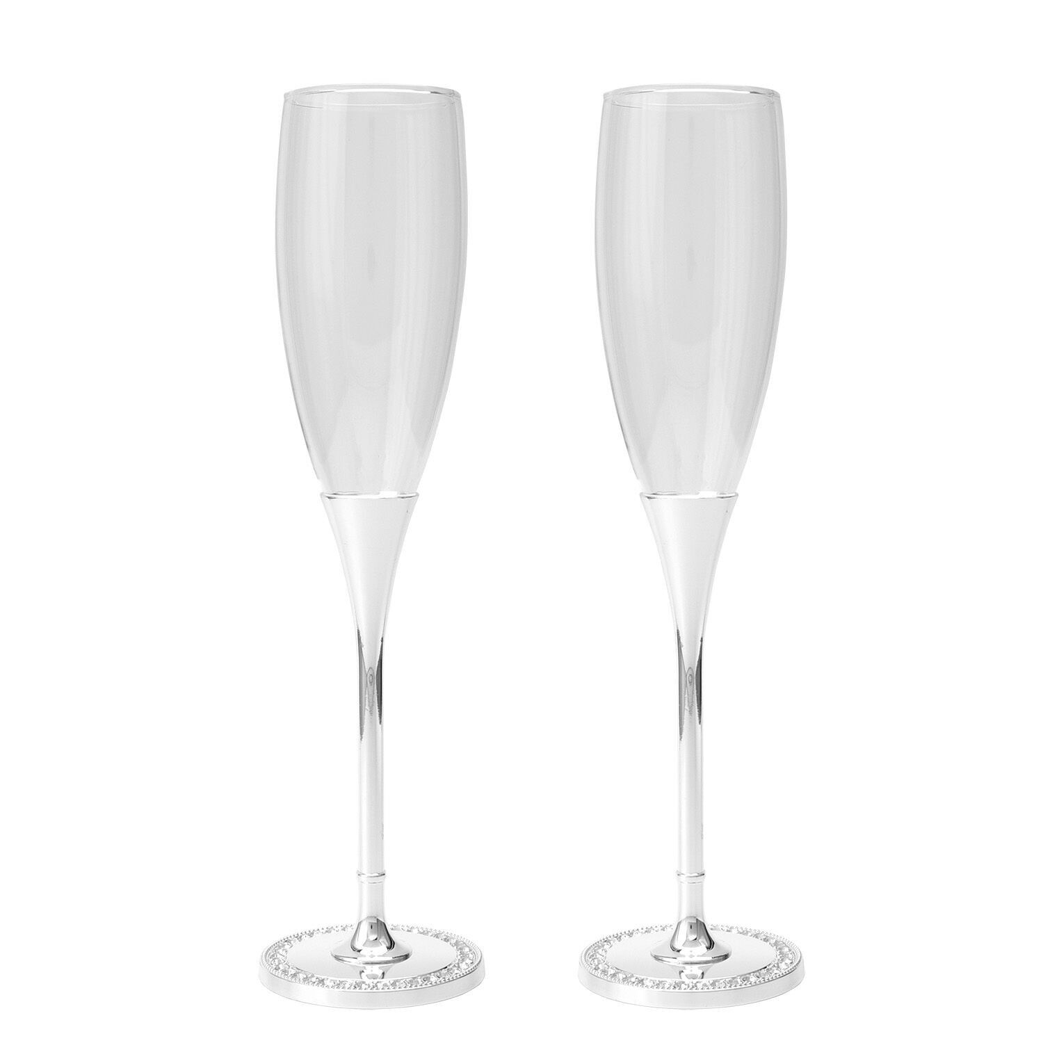 Set aus 2 Champagnerflöten mit silberfarbenem Metallstiel und Kristallen 7x26,5cm ST16230
