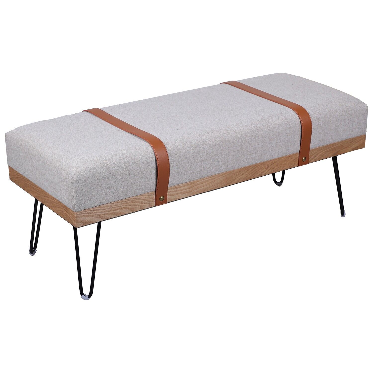Gepolsterte Bank aus grauem Naturholz, schwarze Metallbeine, 107 x 42 x 42 cm, Beinhöhe: 25 cm, ST25061