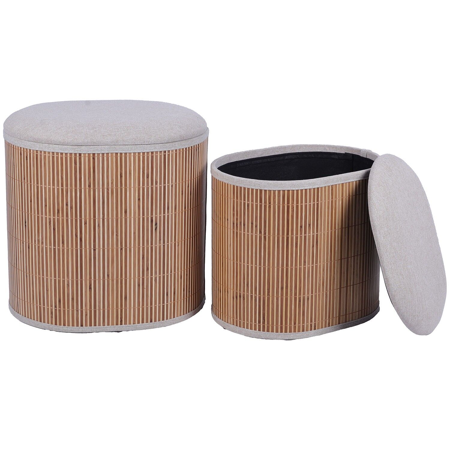 Set aus 2 Bambus-Aufbewahrungspoufs mit gepolsterten grauen Deckeln, 44x35x43cm und 40x30x36cm ST25066