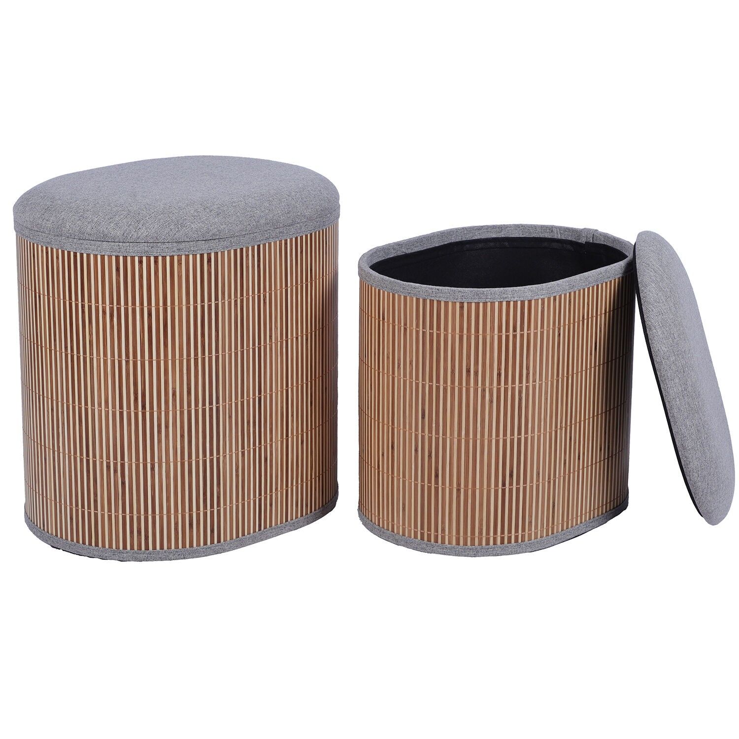 Set aus 2 Bambus-Aufbewahrungspoufs mit gepolsterten, dunkelgrauen Deckeln, 44x35x43 und 40x30x36cm ST25067