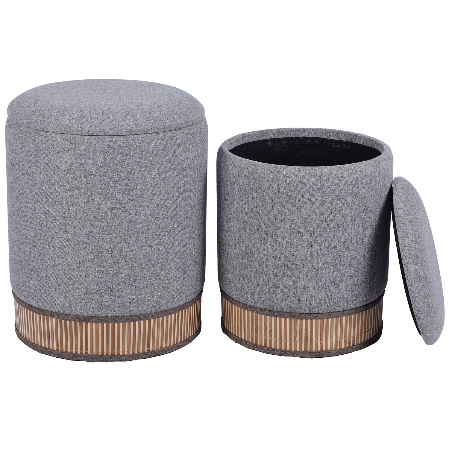 Set aus 2 dunkelgrauen Aufbewahrungspoufs mit natürlichem Bambusfuß, 36x44 und 32x38cm ST25064