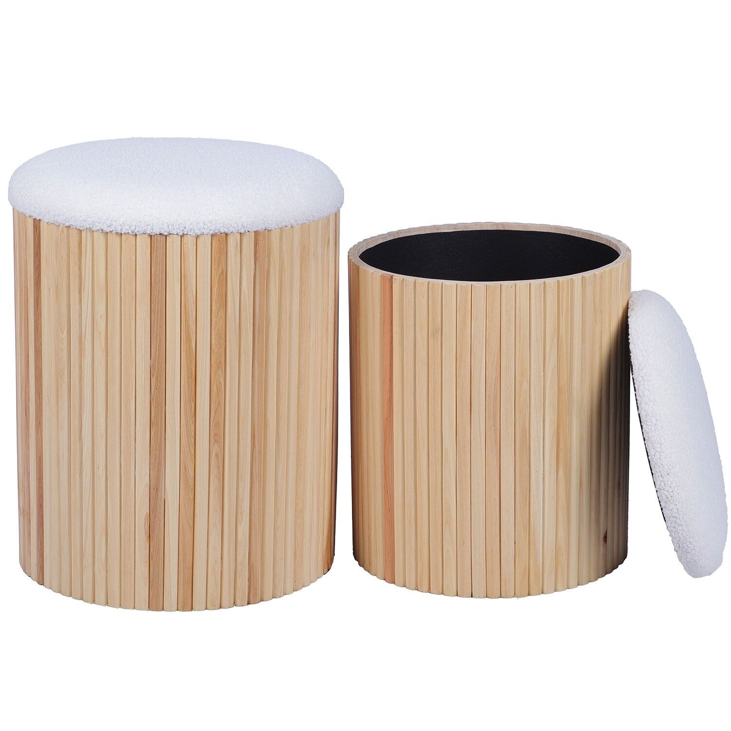 Set aus 2 Poufs aus Naturholz mit gepolsterten weißen Deckeln, 36x44cm und 32x38cm ST25070