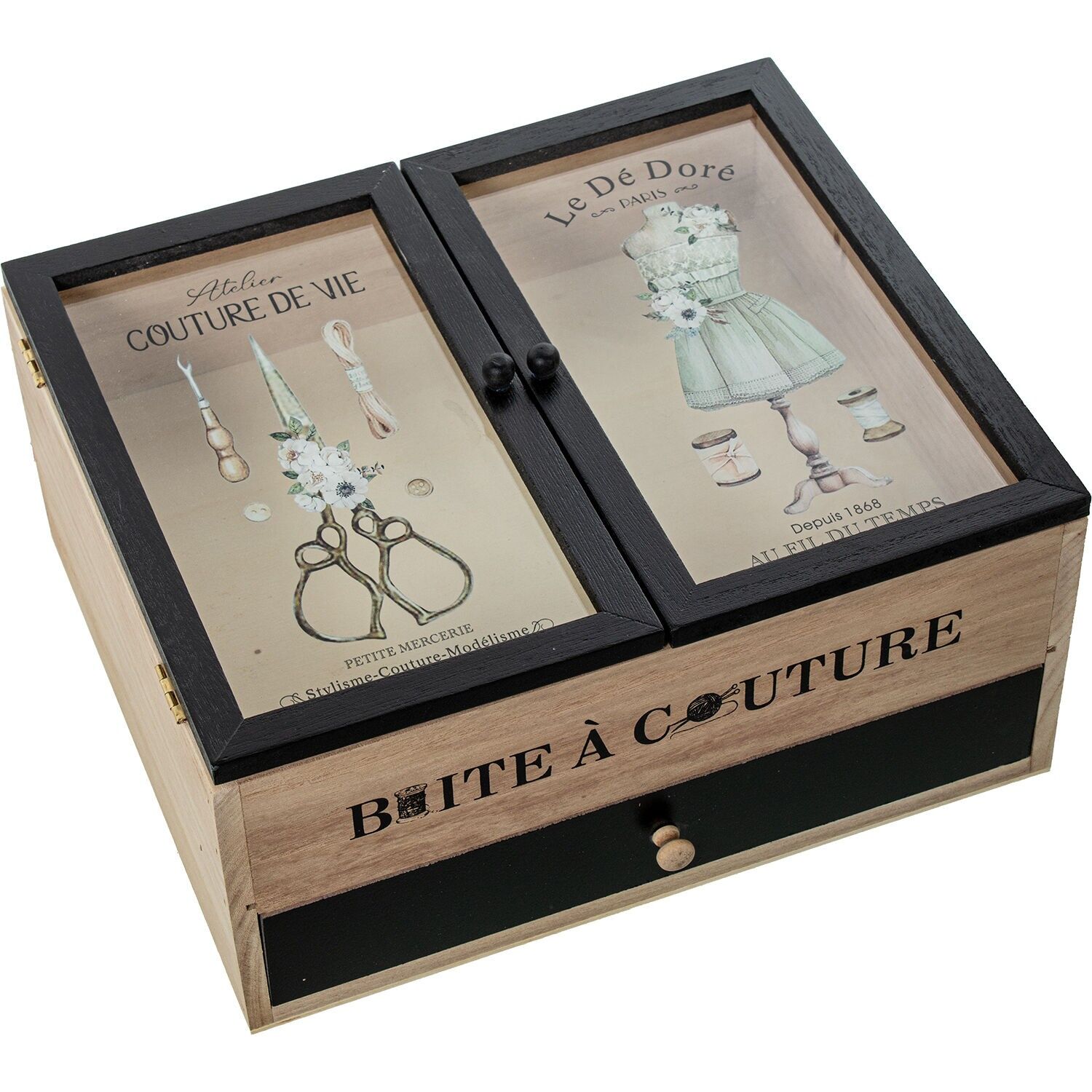 Nähkästchen aus Holz mit Glasdeckel und Schublade 30x25x14cm ST25094