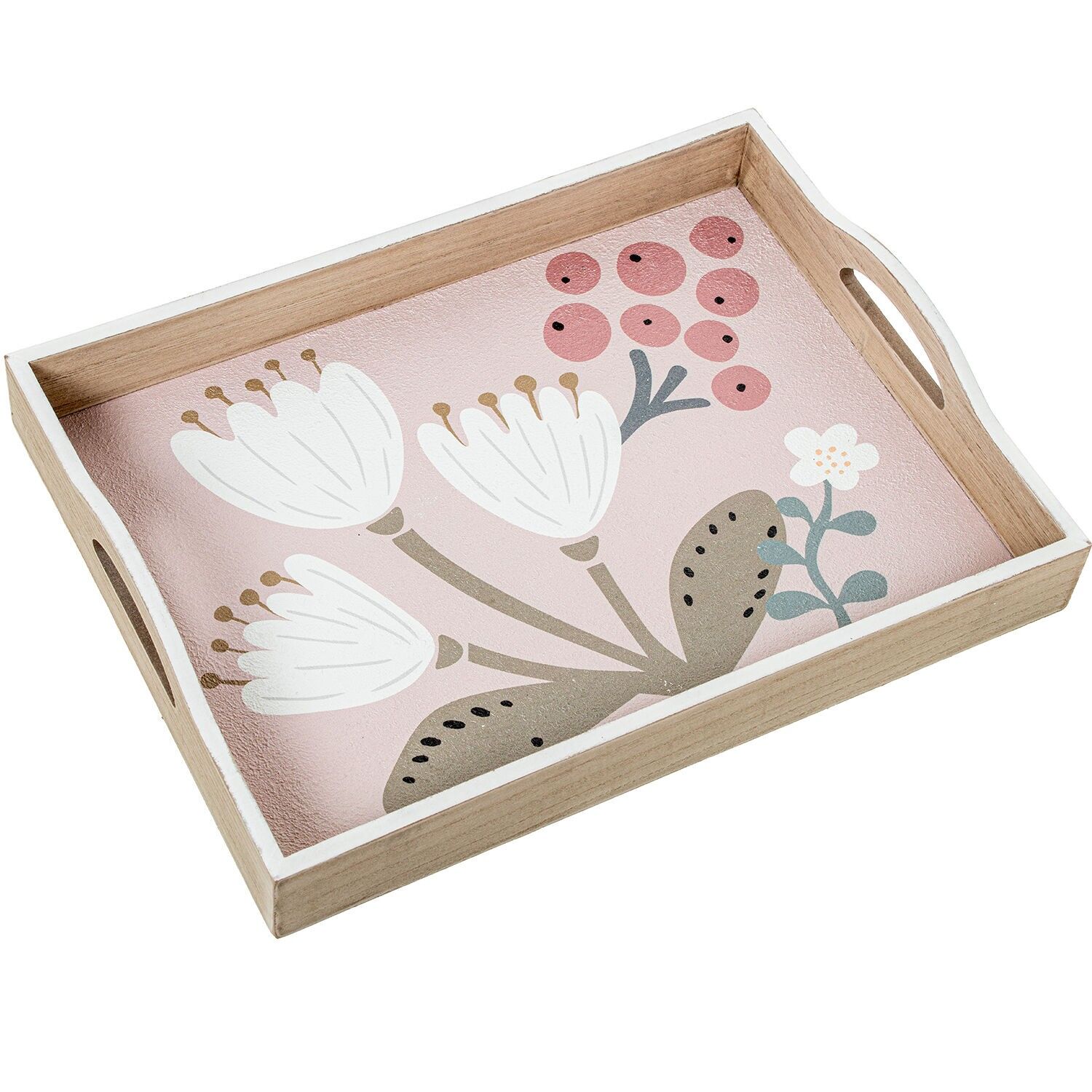 Holztablett, verziert mit rosa und weißen Blumen, 40x30x7cm ST25088
