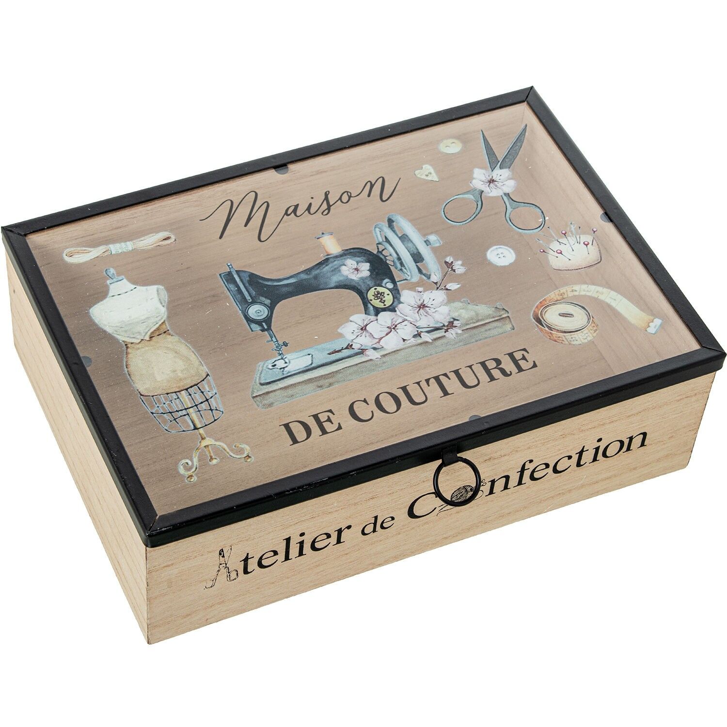 Nähkästchen aus Holz mit Glasdeckel, 25 x 17 x 8 cm, ST25091