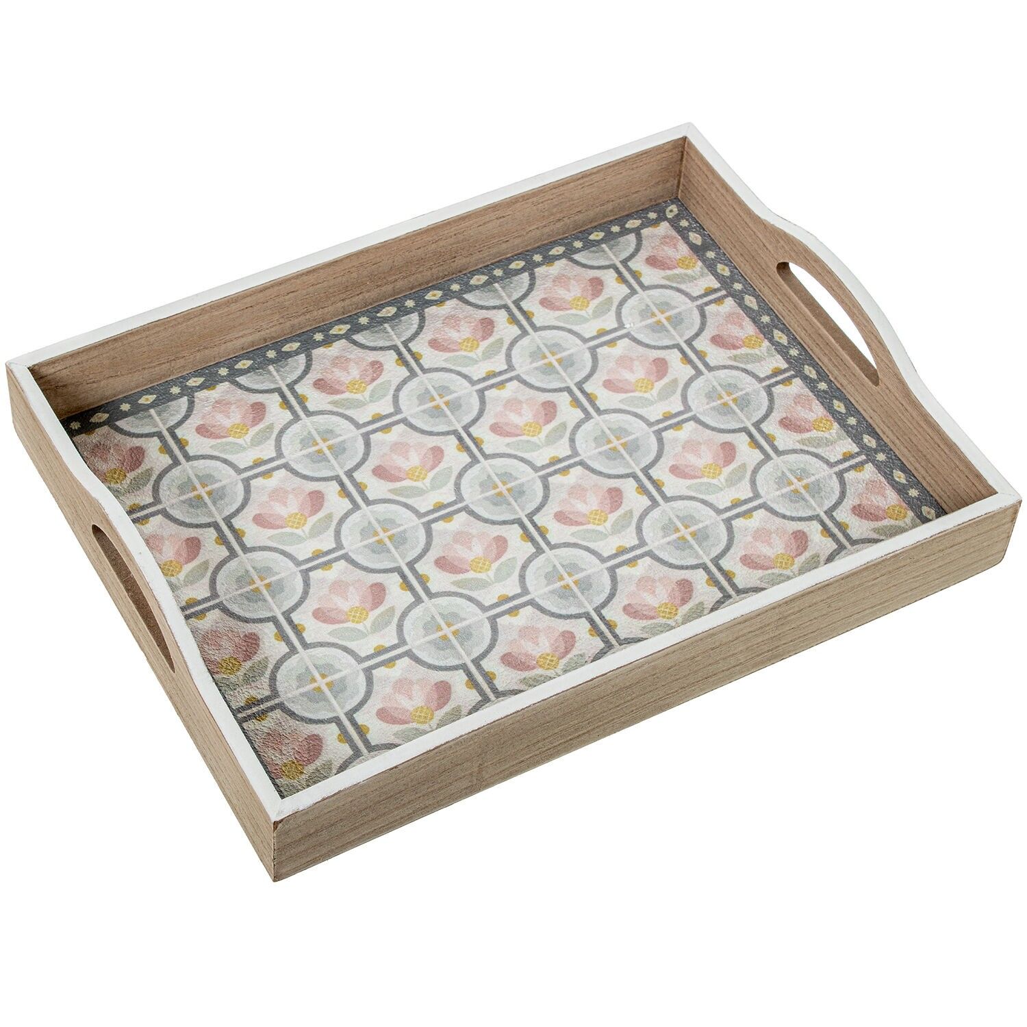 Holztablett, verziert mit Fliesen und Blumen, 40x30x7cm ST25089