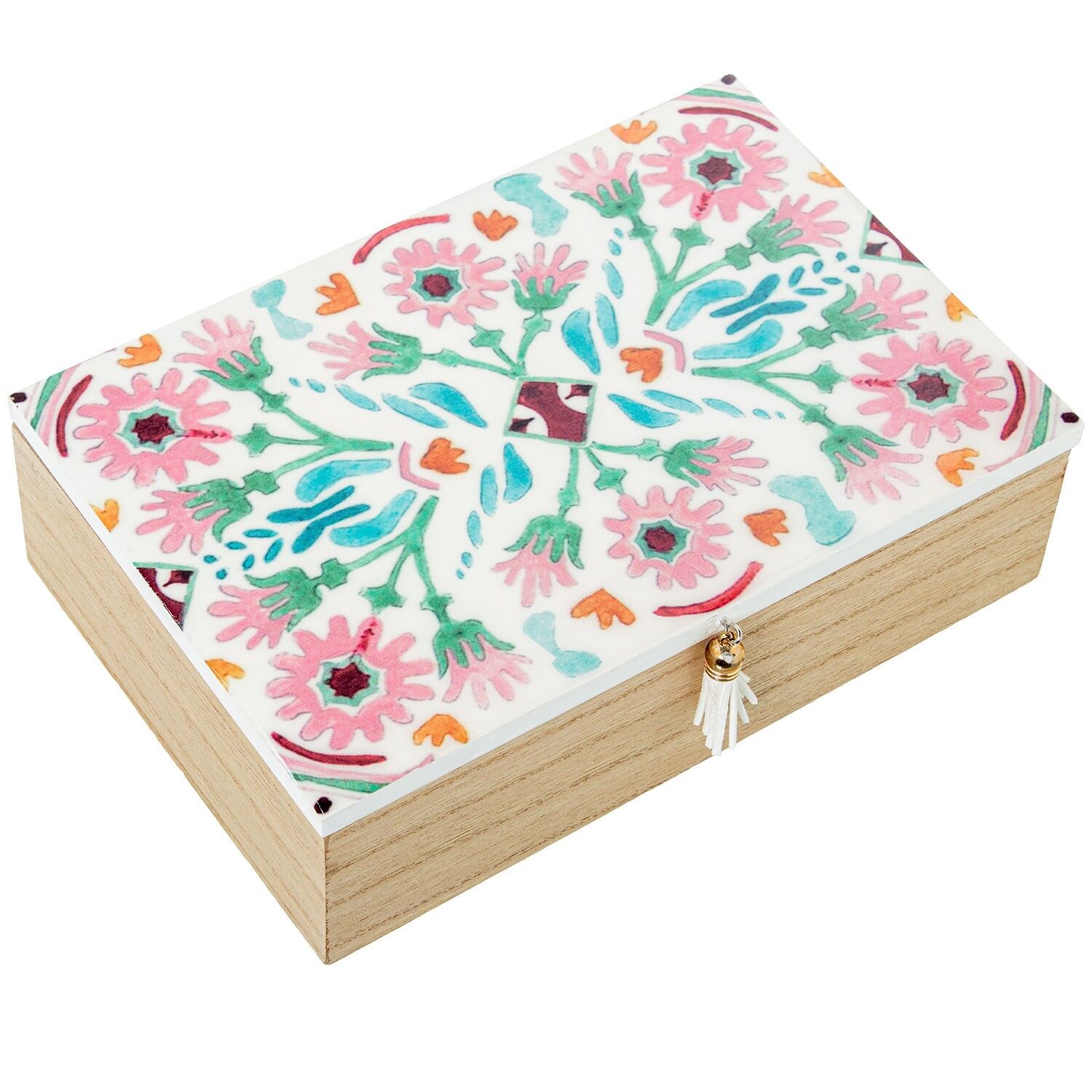 Mit Blumen verzierte Holzkiste, 24 x 16 x 7 cm, ST25108