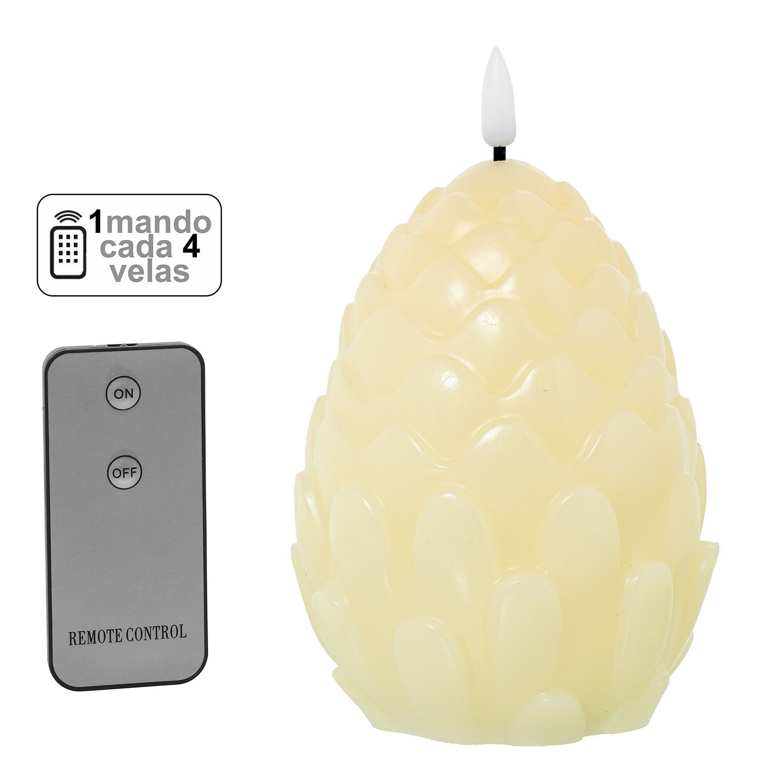 LED-Kerze in Ananasform, elfenbeinfarbenes Wachs, 1 Fernbedienung pro 4 Kerzen, 10 x 13 cm, Batterien: 2 x AA (nicht enthalten), ST29862