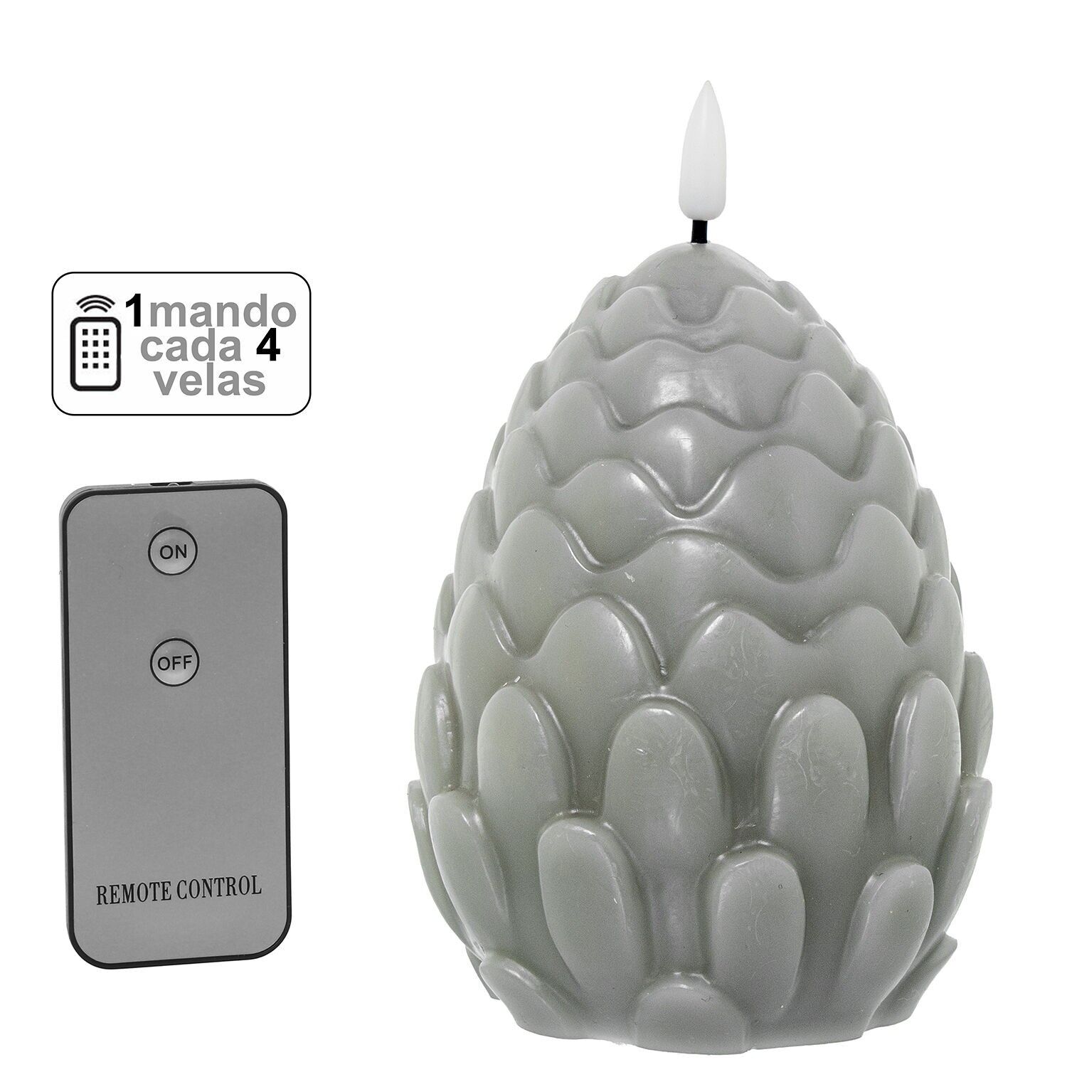 Vela led piña cera gris 1 mando para cada 4 velas 10x13cm pilas:2xaa no inclui ST29864