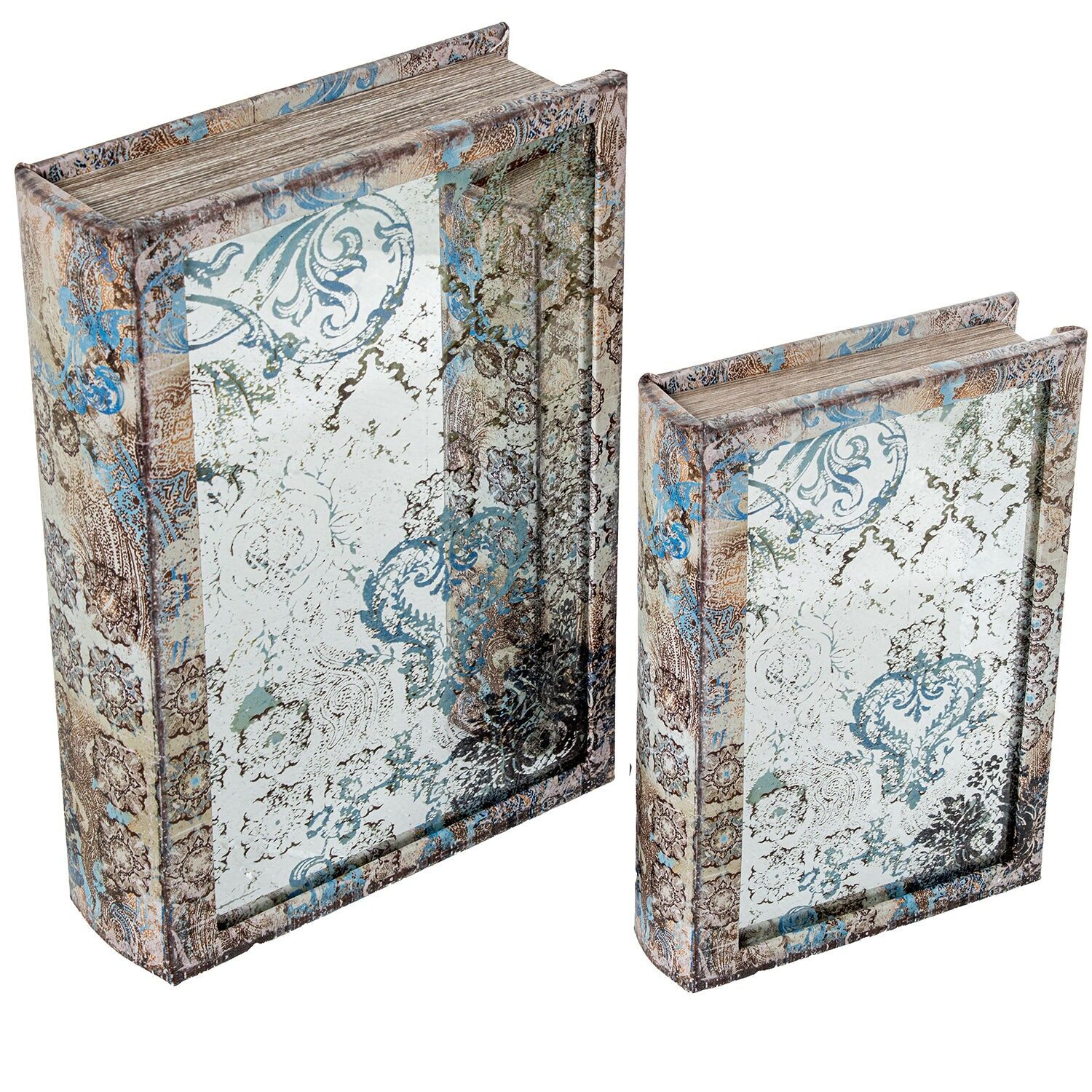 Set aus 2 MDF-Bücherboxen mit Spiegel und Samt-Innenausstattung, 30 x 20 x 7 cm und 24 x 16 x 5 cm, ST39026