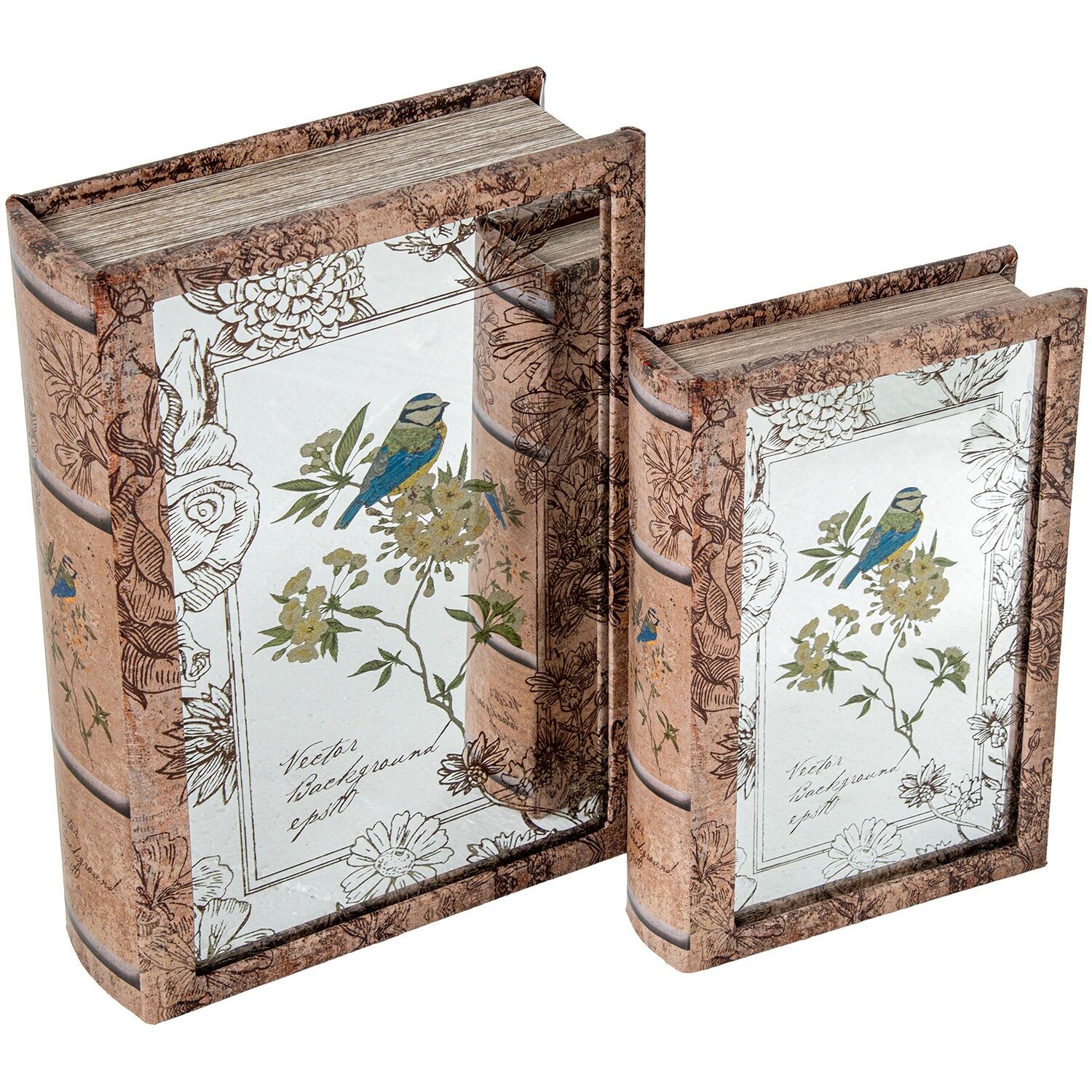 Set aus 2 MDF-Bücherboxen mit Spiegel, Samt-Innenausstattung, 30x20x7 und 24x16x5cm ST39027