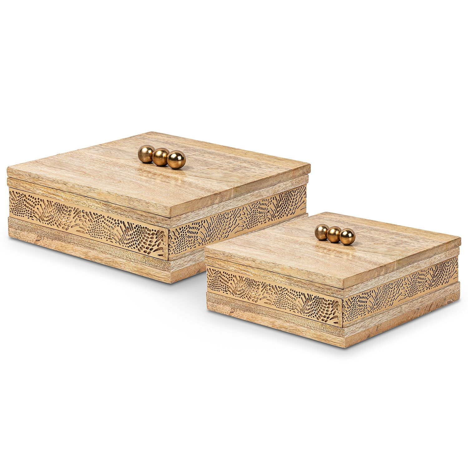 Set aus 2 Holzkisten, goldfarbenes Metall, 21x21x8 und 16x16x8cm ST36911
